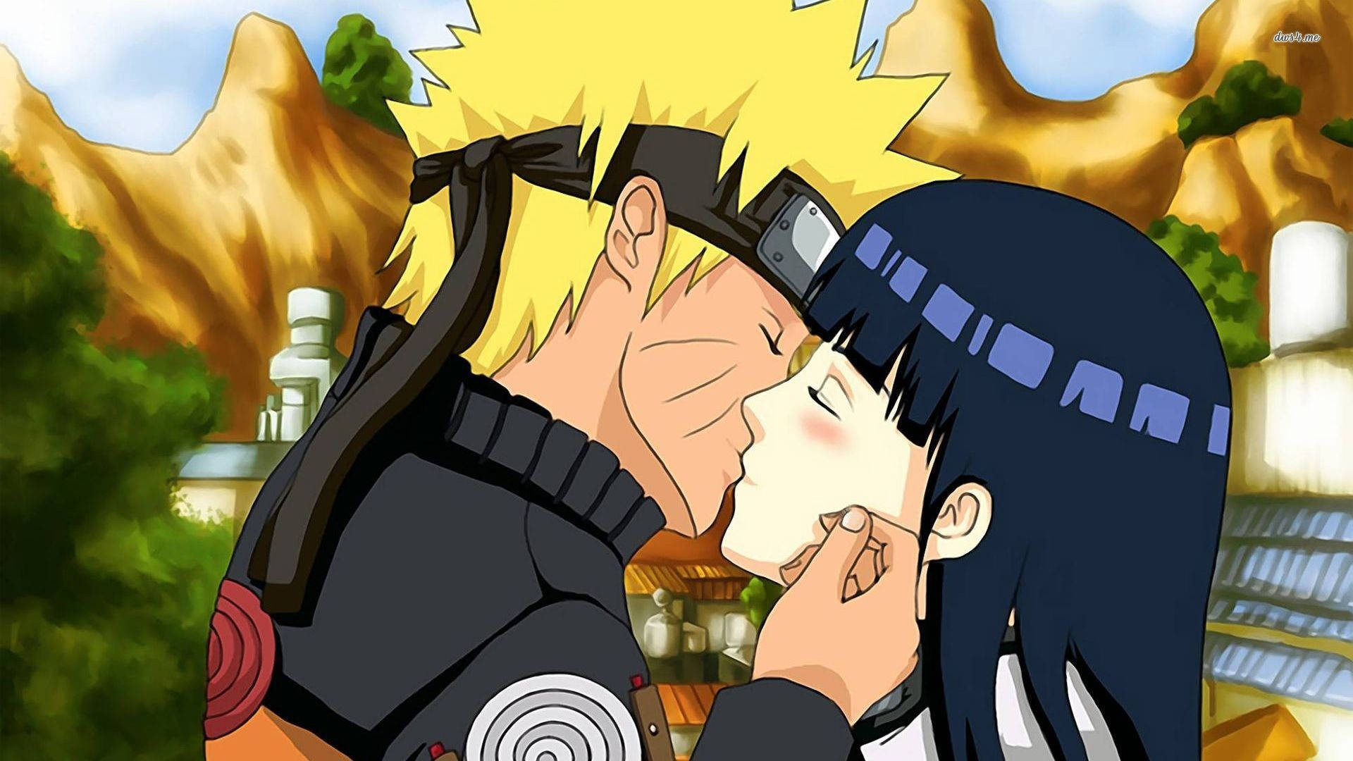 Blushing Hinata Anime Couple Kiss Scene Background