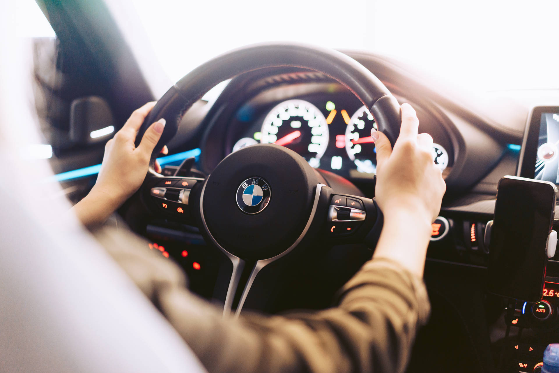 Bmw Luxury Car Steering Wheel Landscape Background