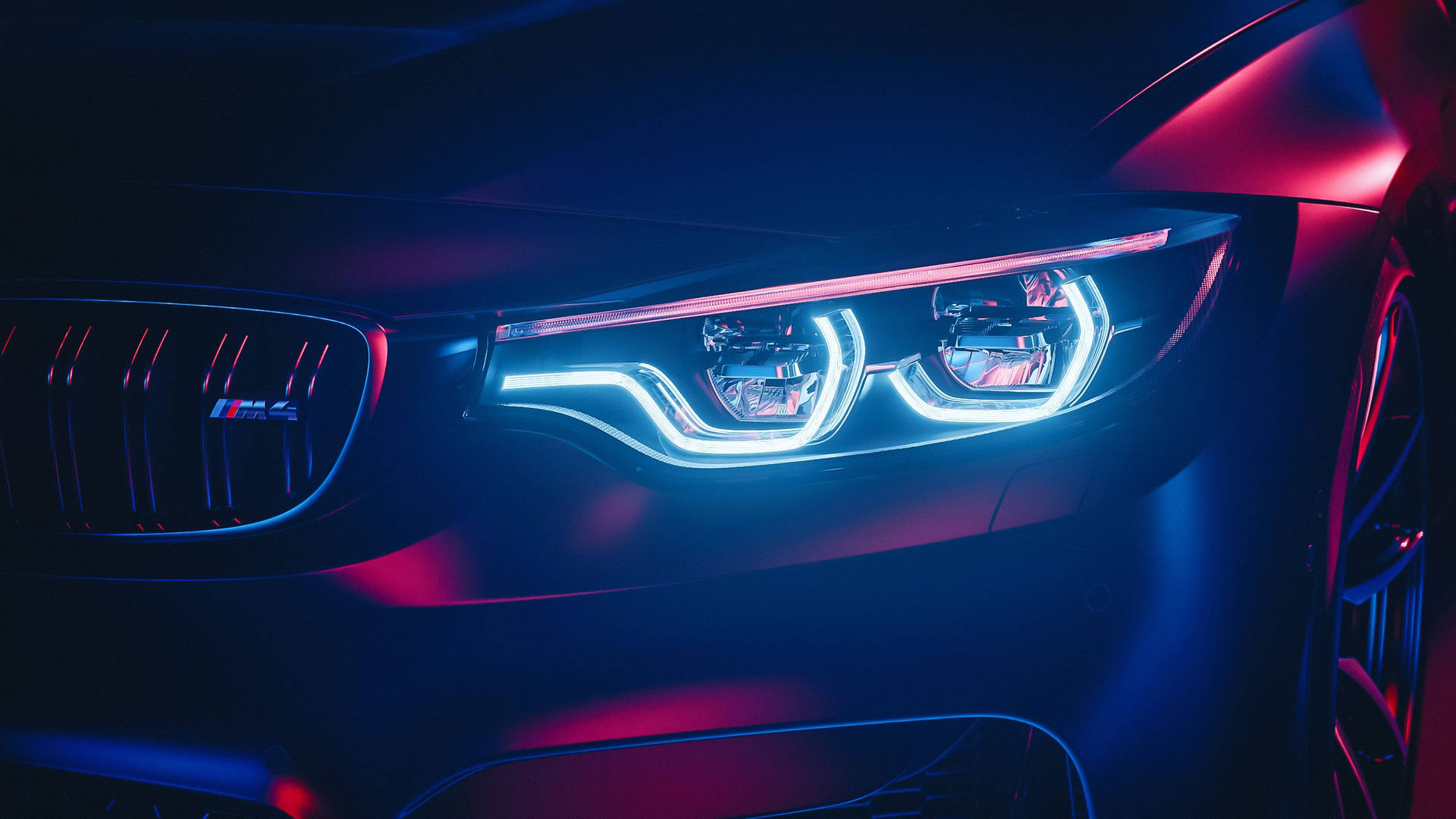 Bmw M4 Headlights In The Dark Background