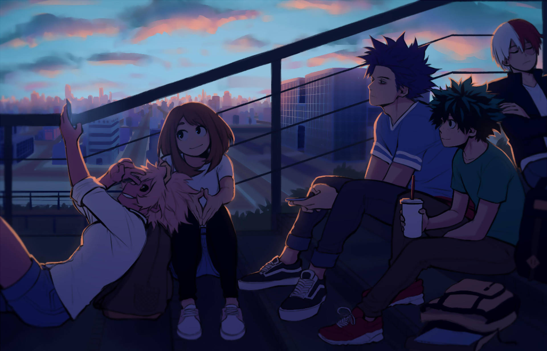 Bnha Characters Relaxing At Rooftop Background