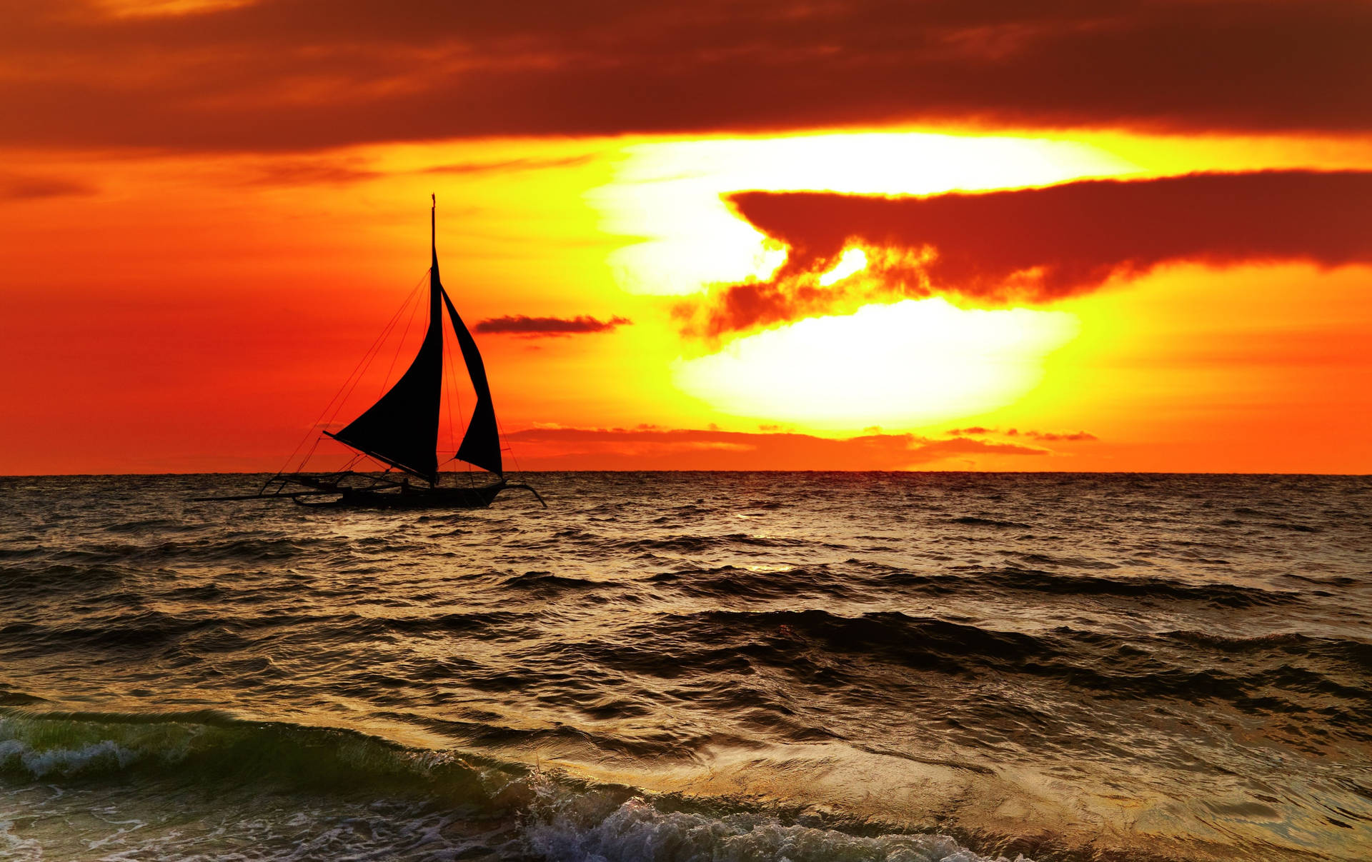 Boat At Sunset In Philippines Sea Background