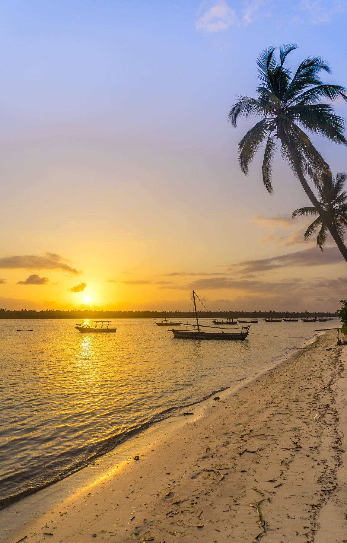 Boats Sailing On Tropical Beach Sunrise Background