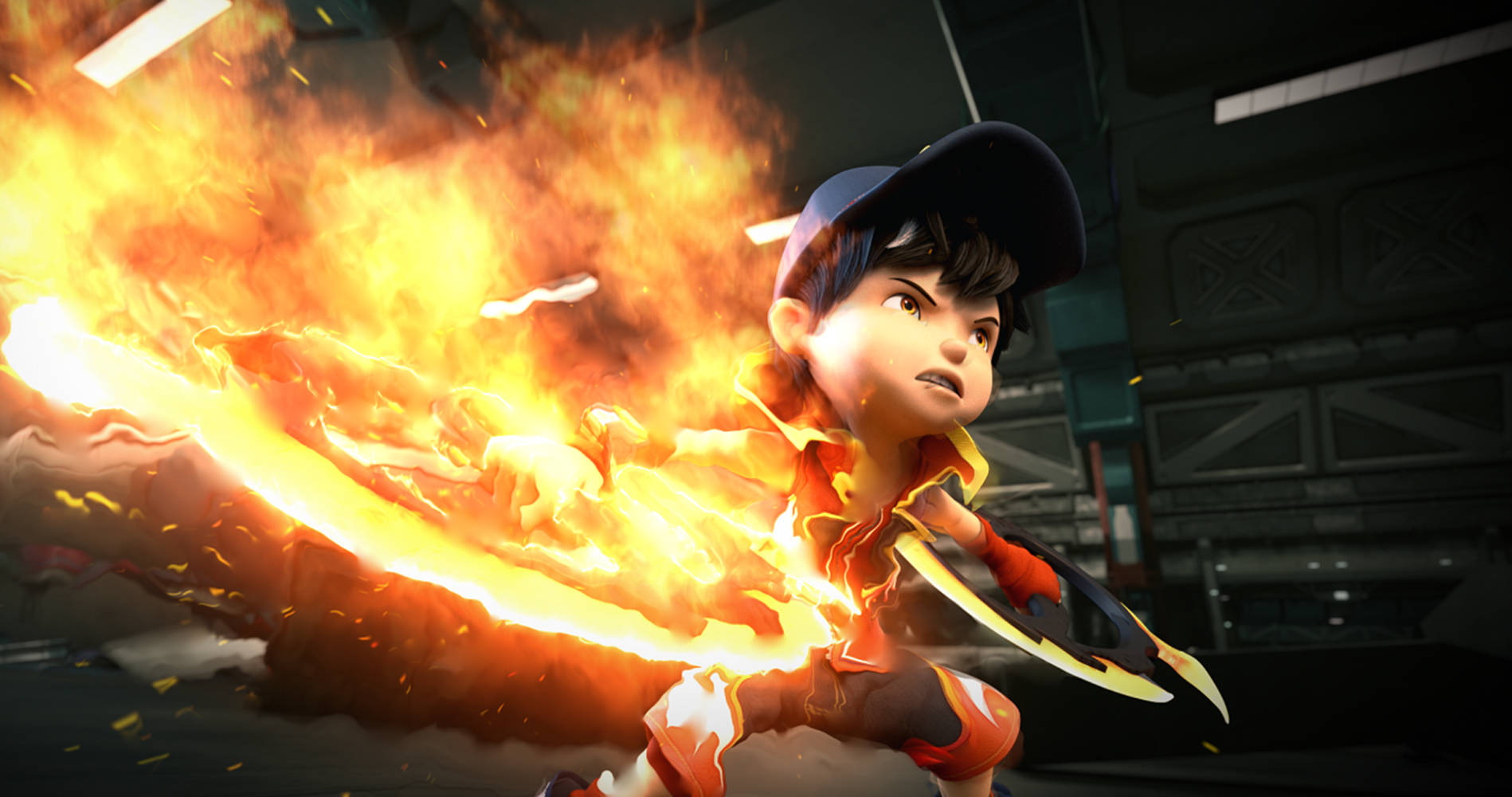 Boboiboy Hd With Burning Fire Chakrams Background