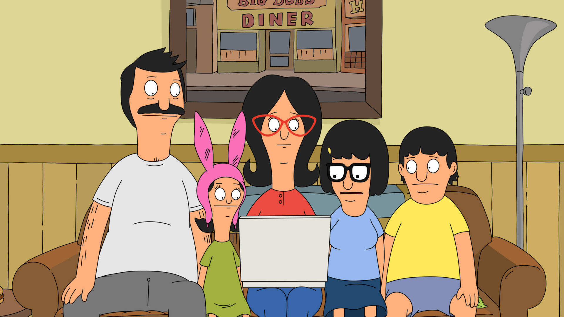 Bobs Burgers Belchers With A Laptop Background