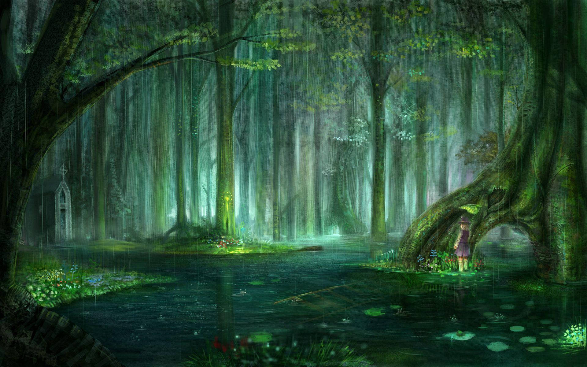 Body Of Water In Enchanted Forest Background