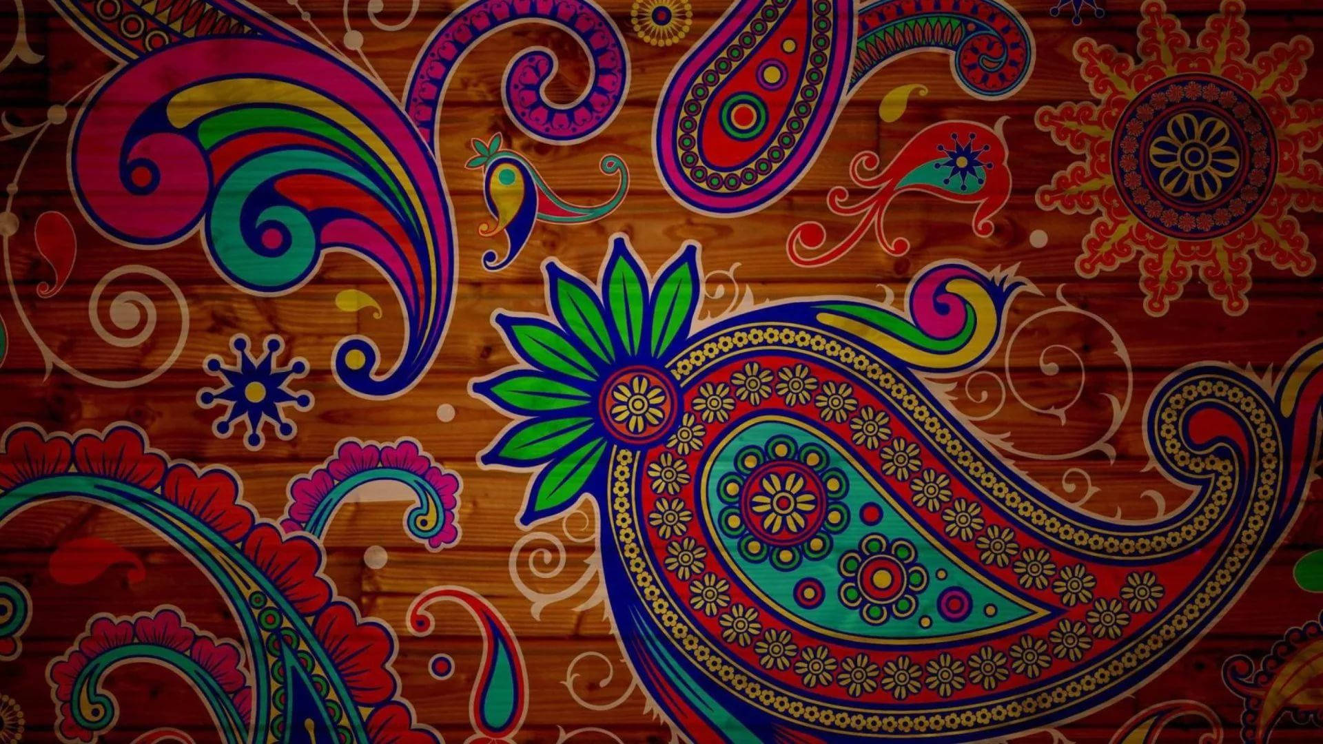 Boho Paisley Pattern On Wood Background