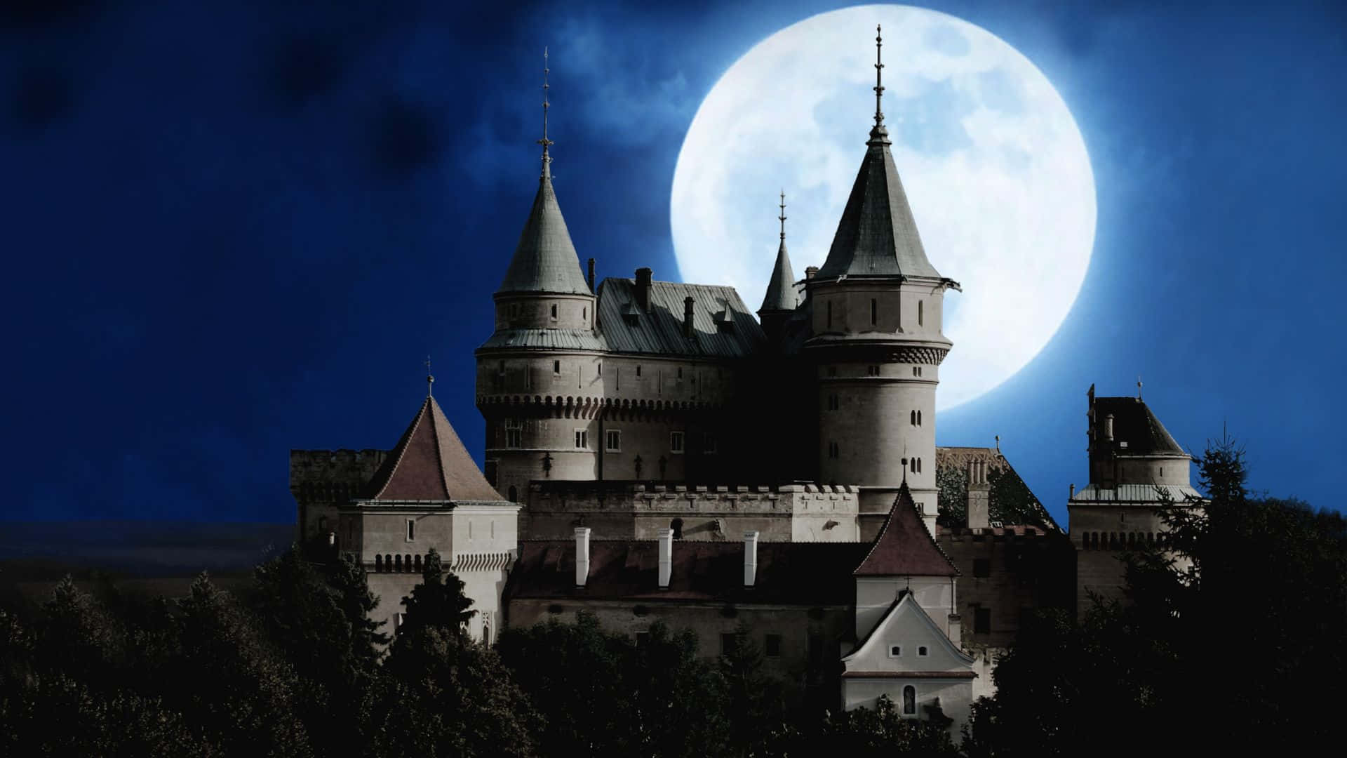 Bojnice Castle In Front Of Moon Background