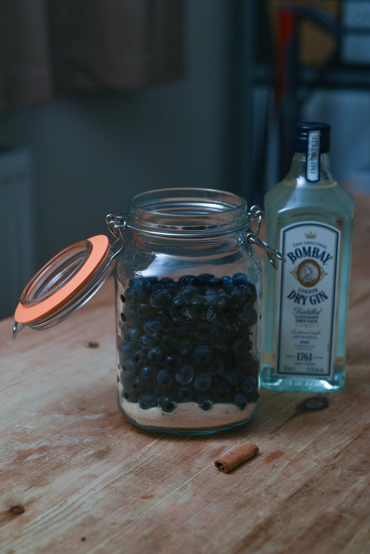 Bombay Dry Gin With Blueberry Jar Background