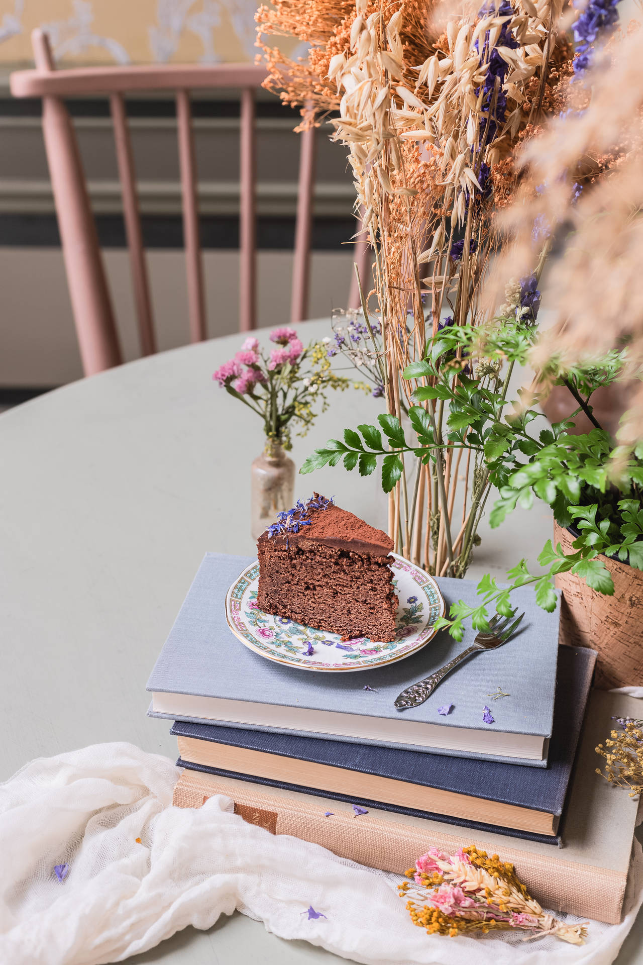 Books And Chocolate Slice Pastries Background