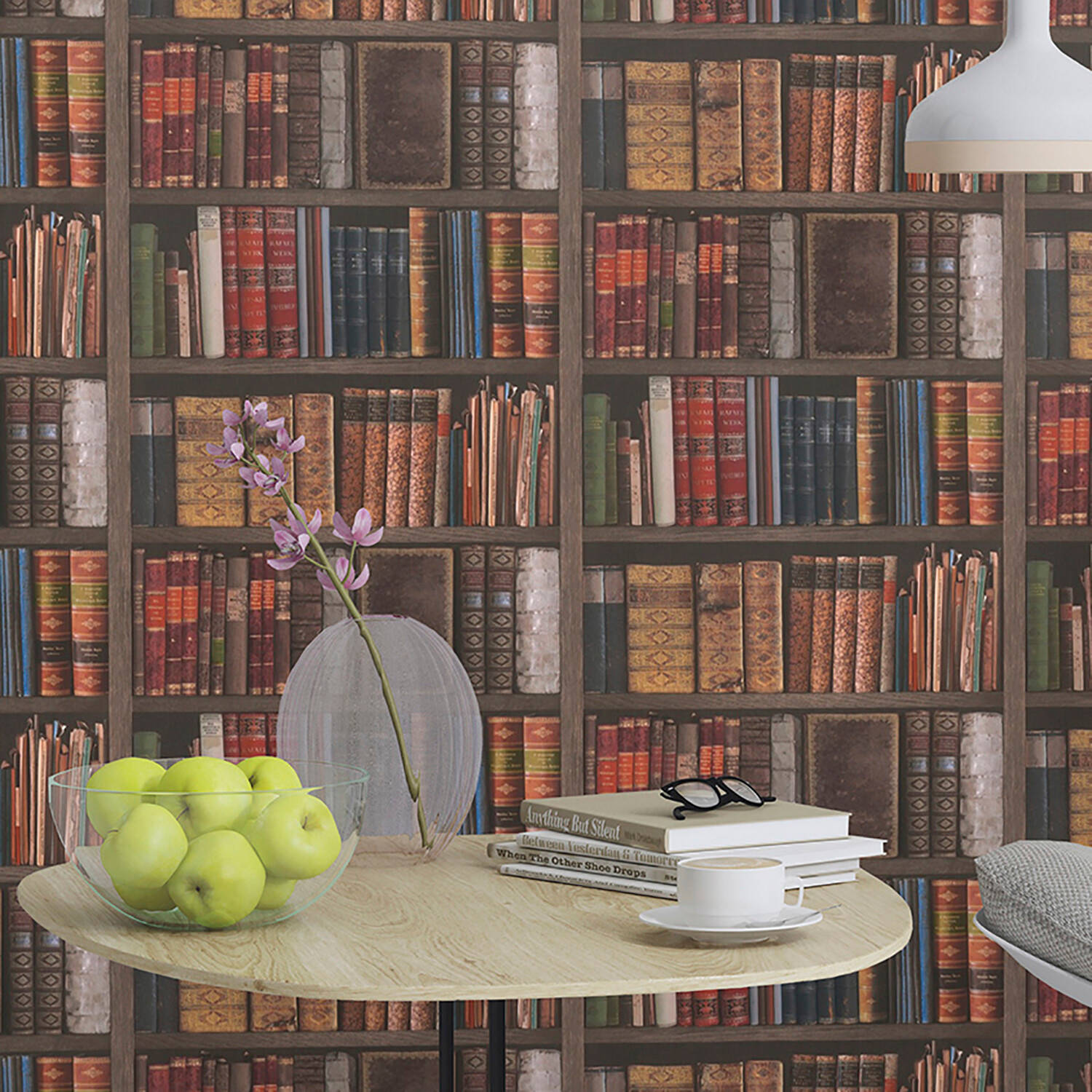 Bookshelf Table With Bowl Of Apples Background