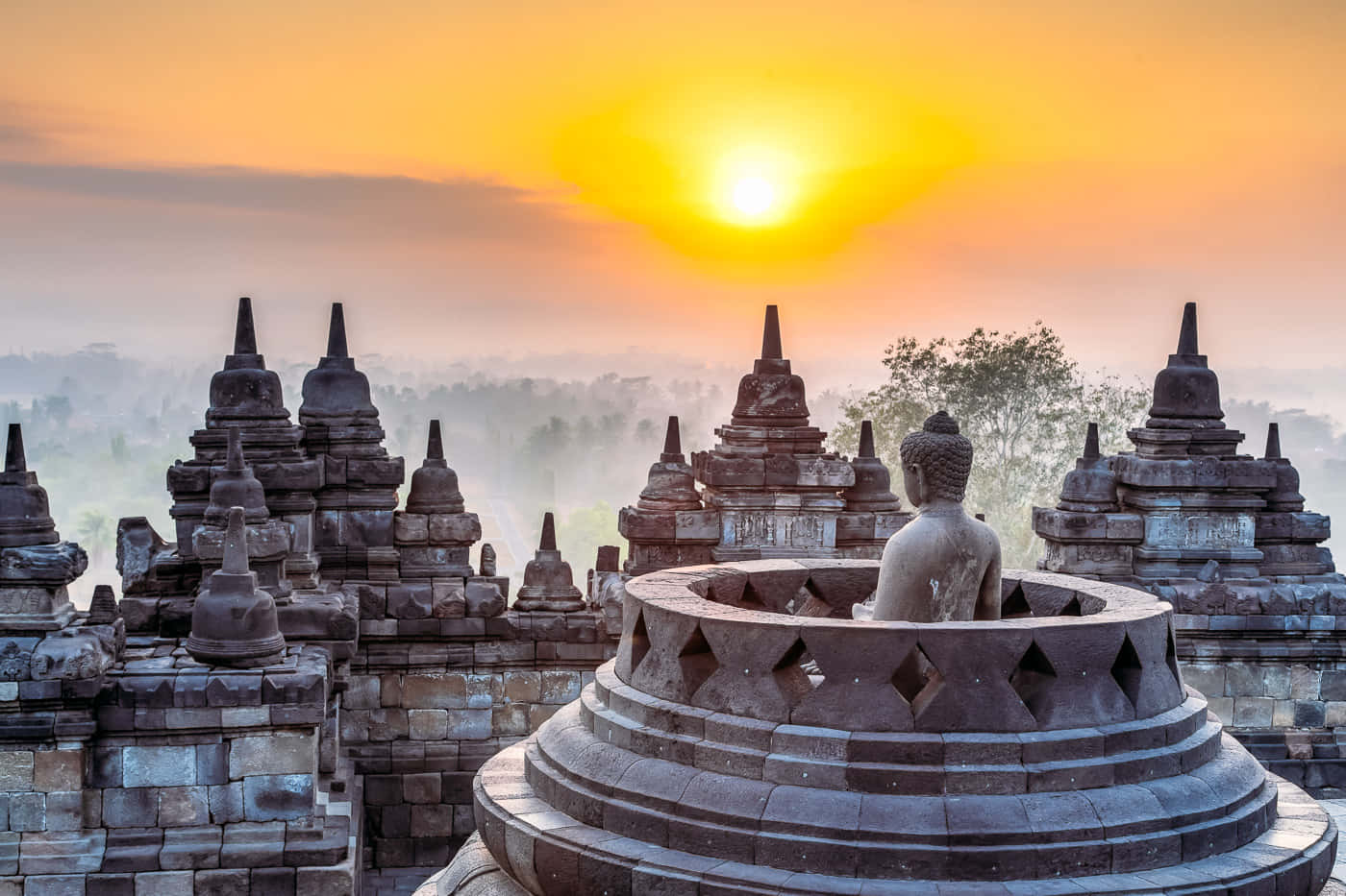Borobudur Temple Golden Sky Background