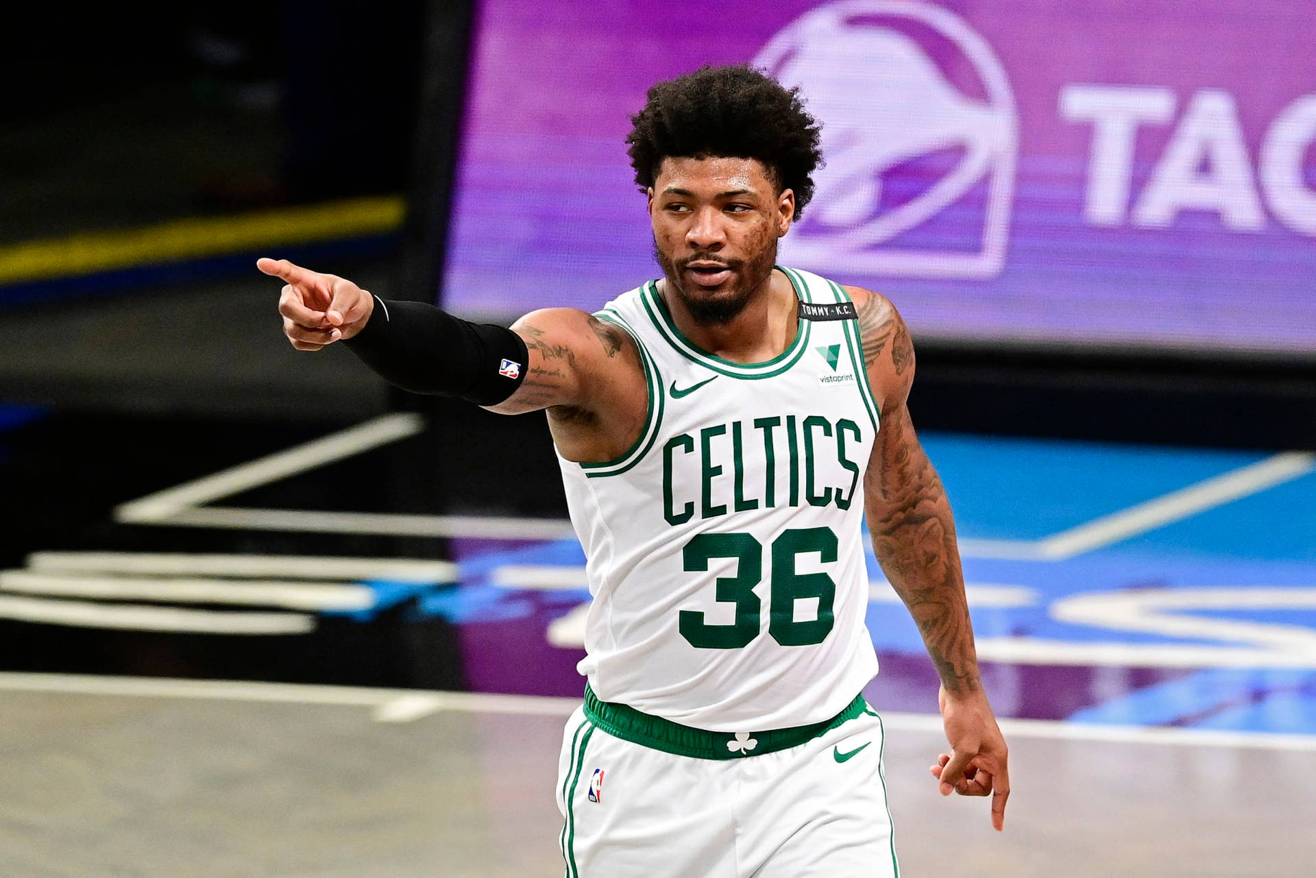 Boston Celtics' Marcus Smart White Jersey Background