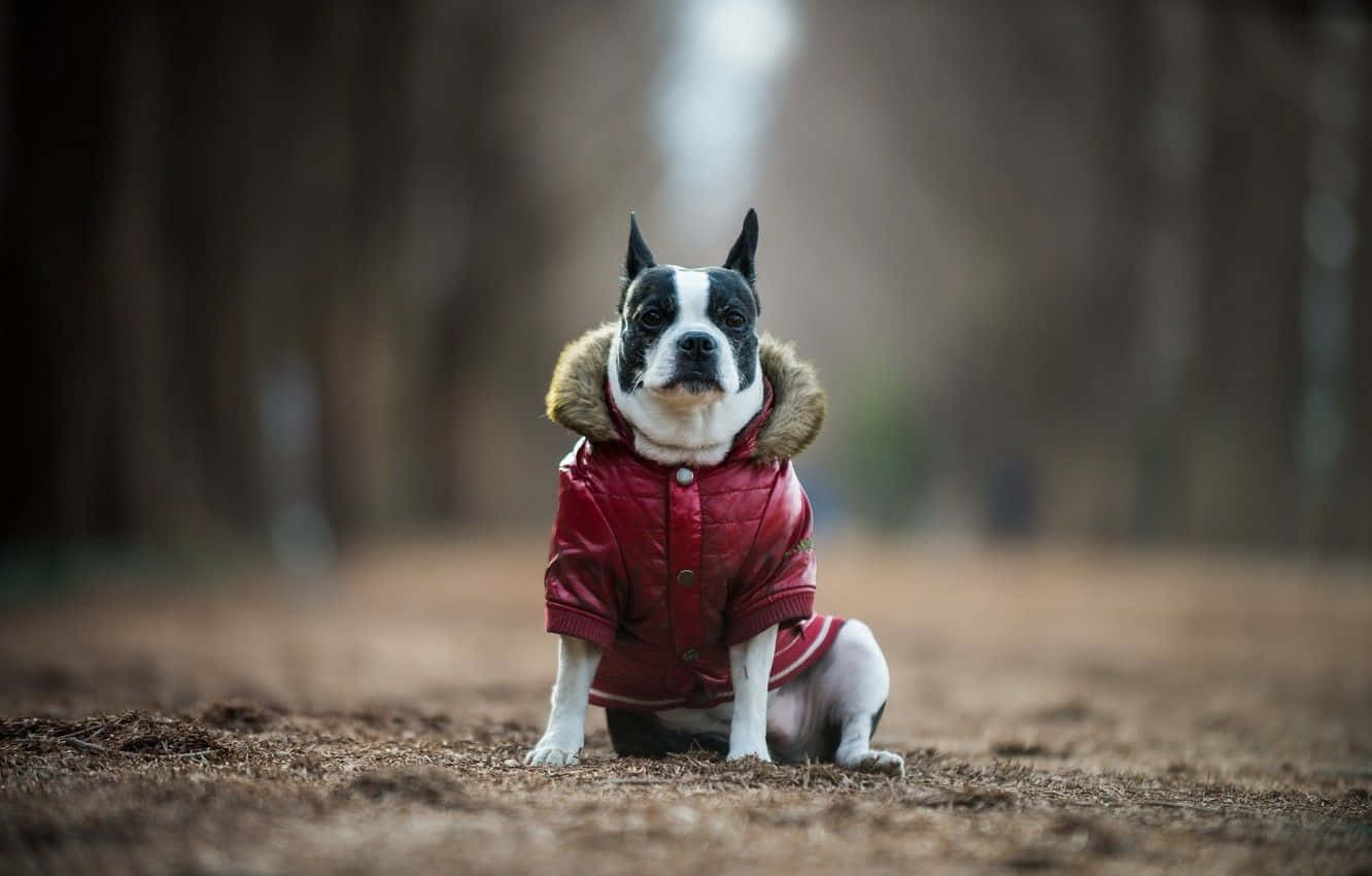 Boston Terrier Red Jacket Pose Background