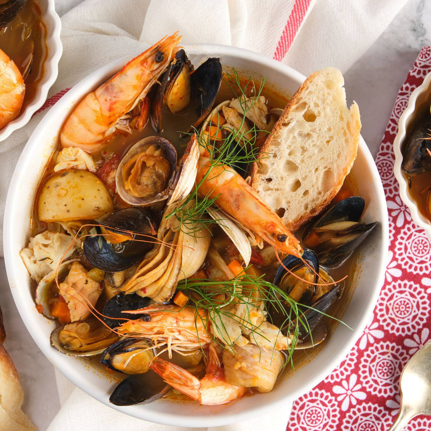 Bouillabaisse French Meal On Festive Tablecloth Background