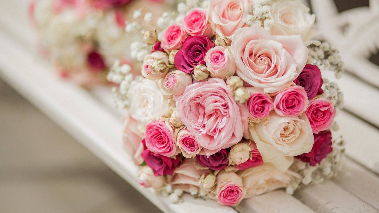 Bouquet Of Roses On Bench Background