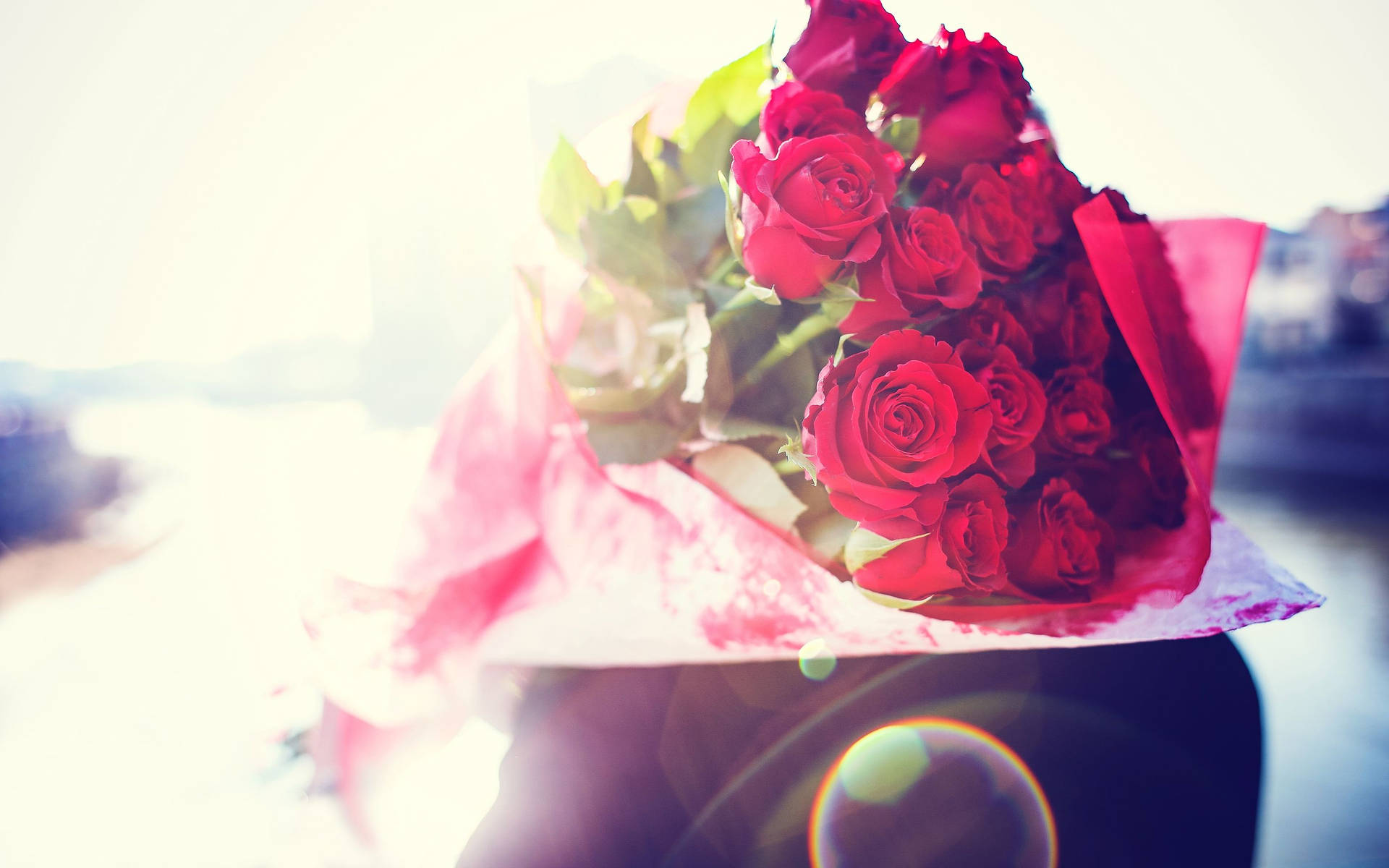 Bouquet Of Roses On Pink Paper Background