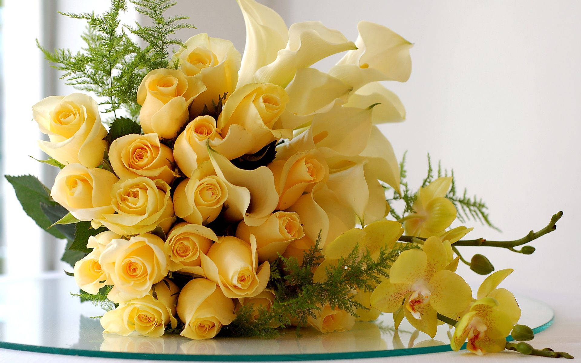 Bouquet Of Yellow Roses And Lilies Background