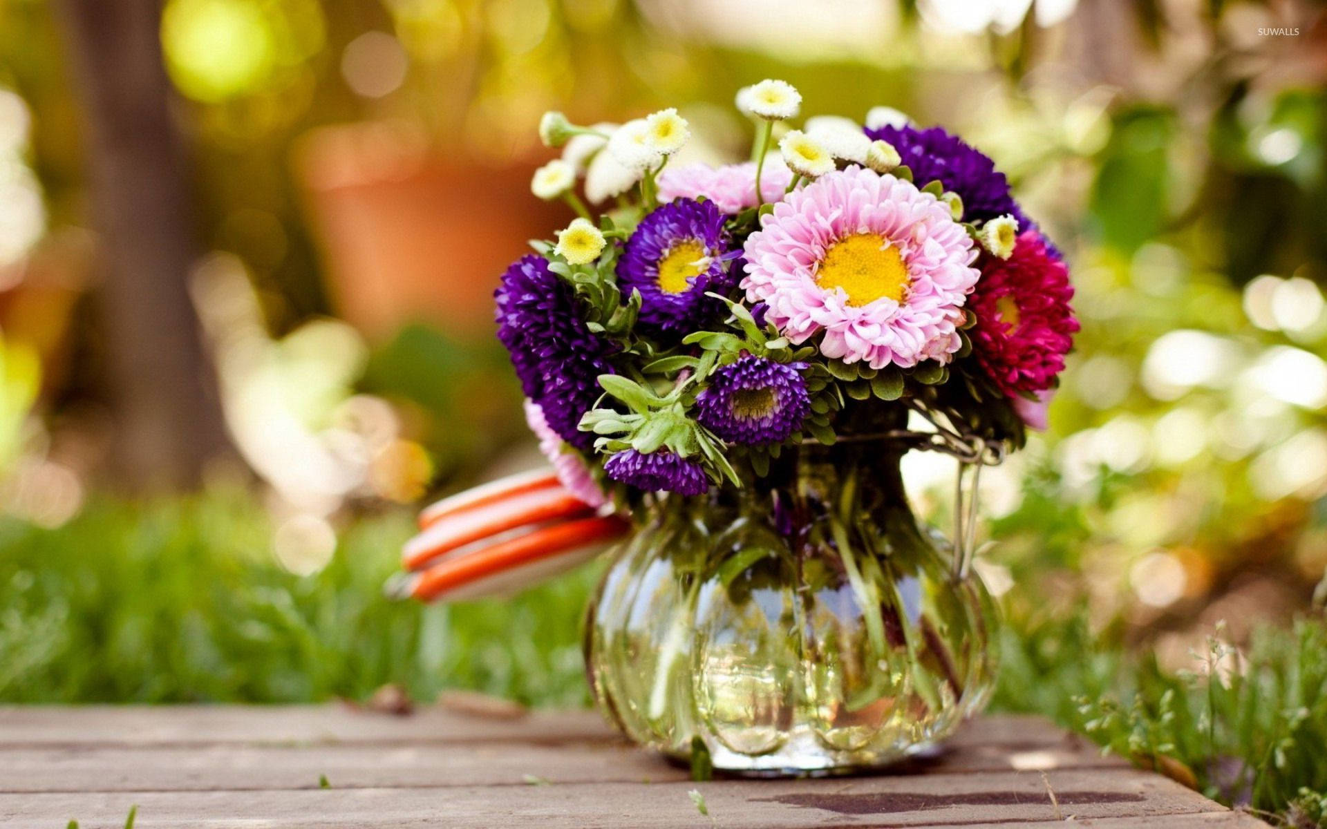 Bouquet On Wooden Plank Background