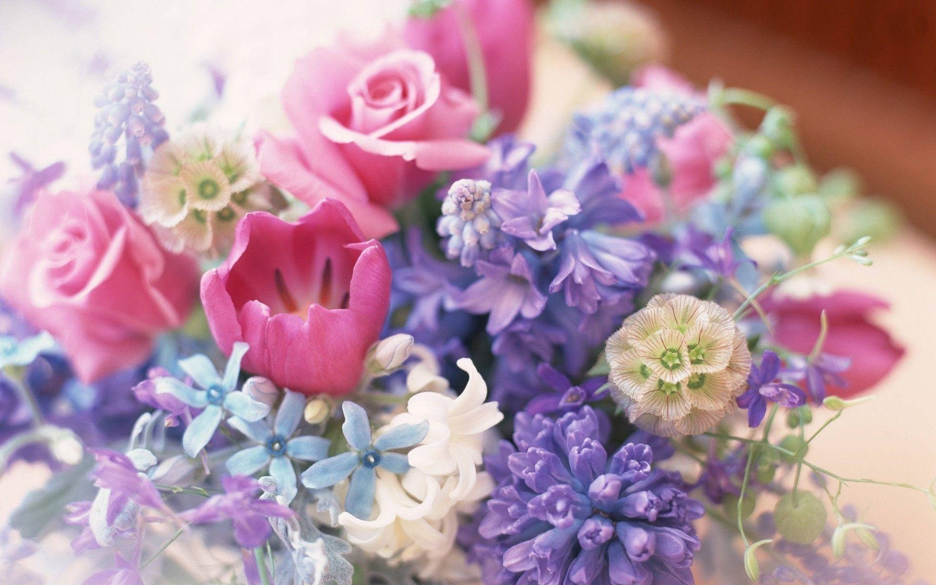 Bouquet Pink And Violet Flowers Background