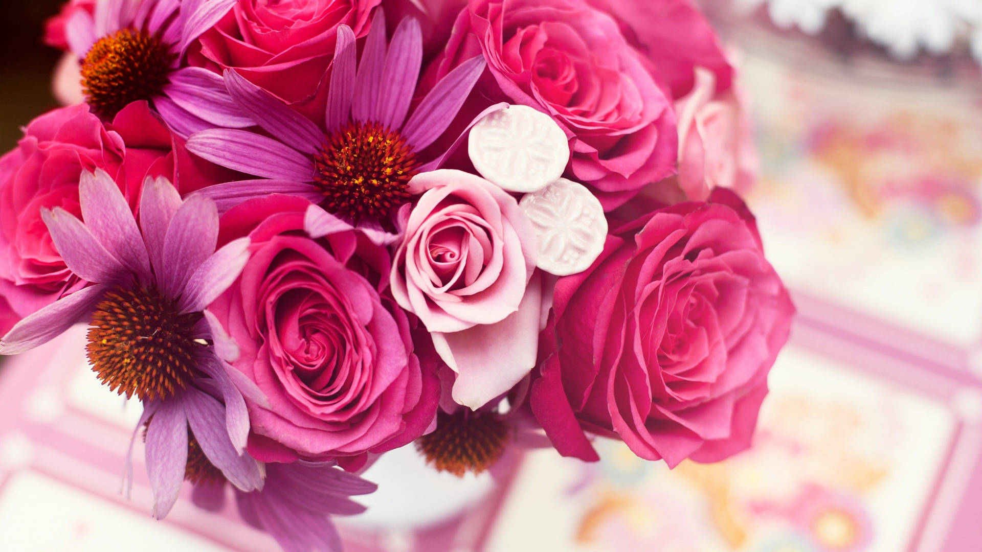 Bouquet Roses And Coneflowers Background