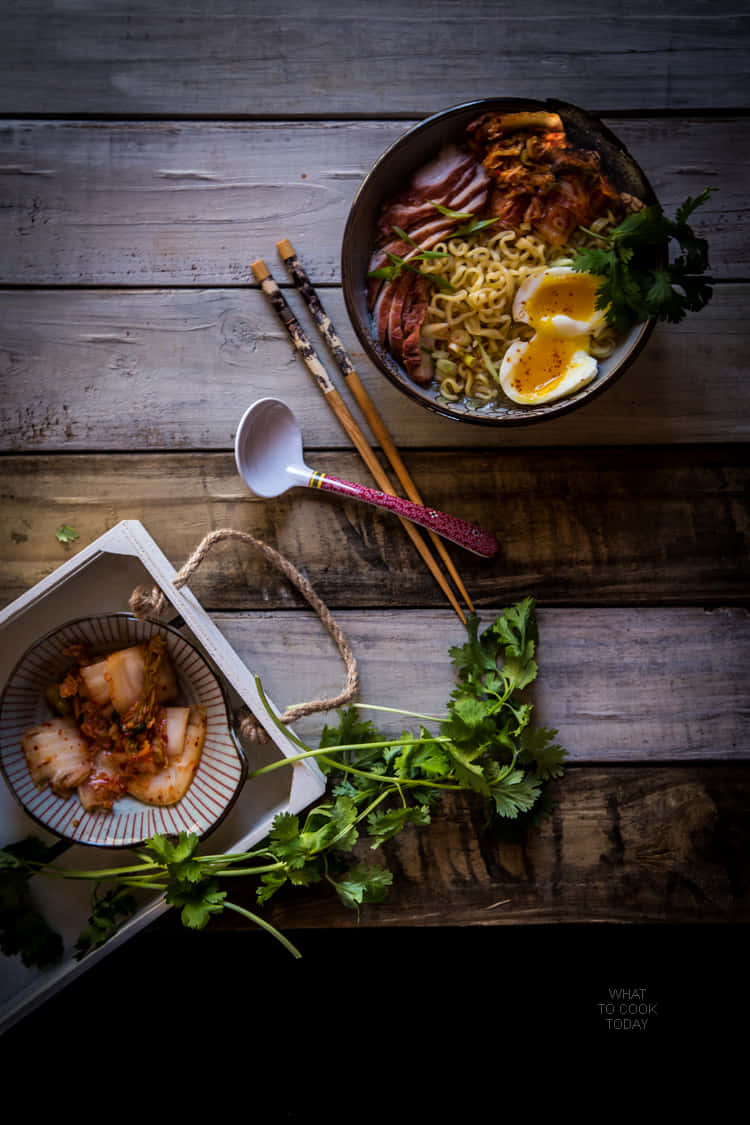 Bowl Of Ramen And Kimchi Background