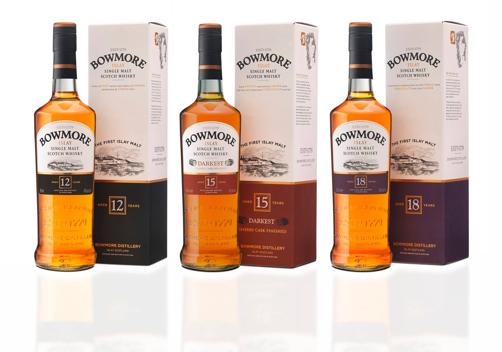 Bowmore 12, 15, 18 Year Collection Background