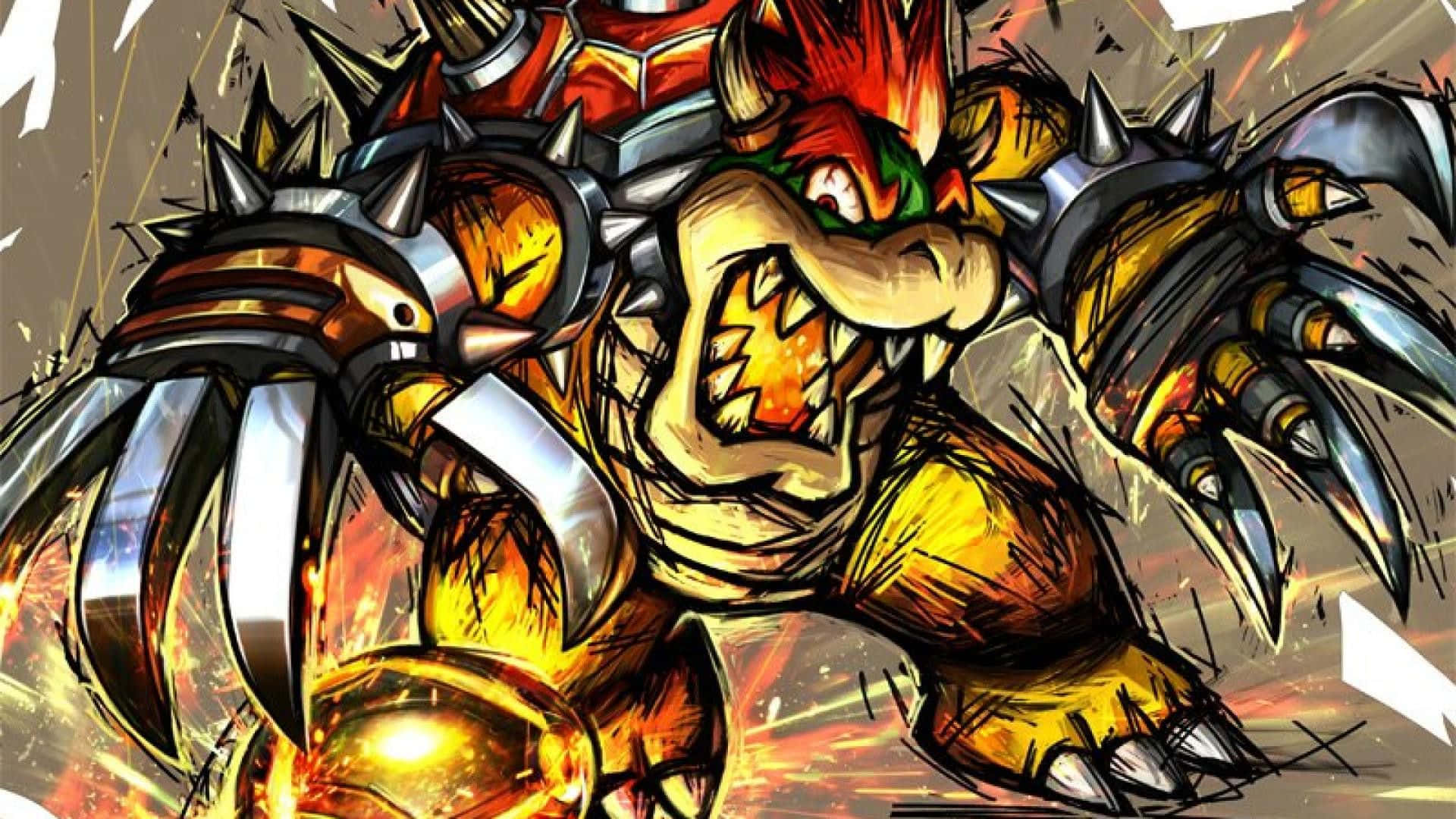 Bowser, The Iconic Video Game Villain, Dominating The Frame In Fierce Pose. Background