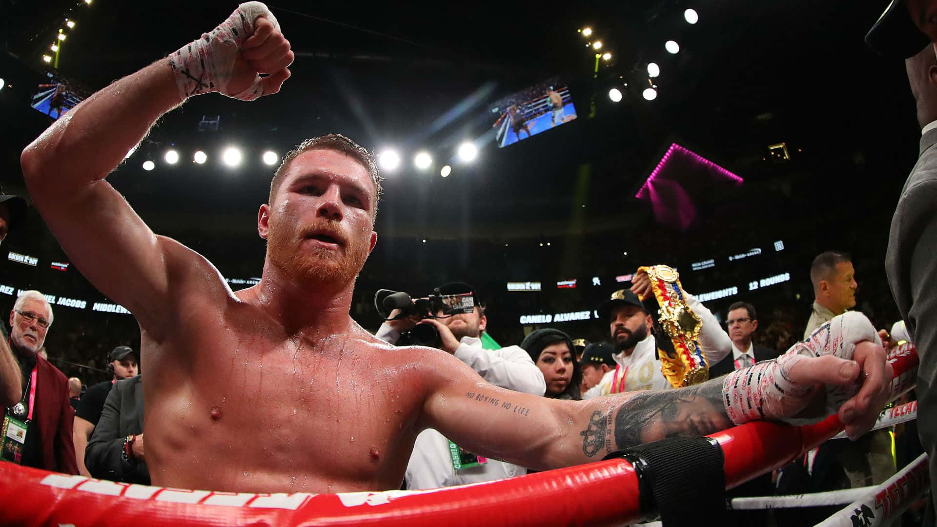 Boxing Champion Saul 'canelo' Alvarez Raising A Fist In Triumph Background