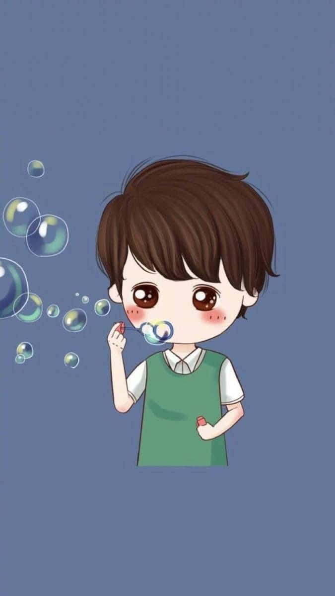 Boy Blowing Corresponding Love Bubbles Background