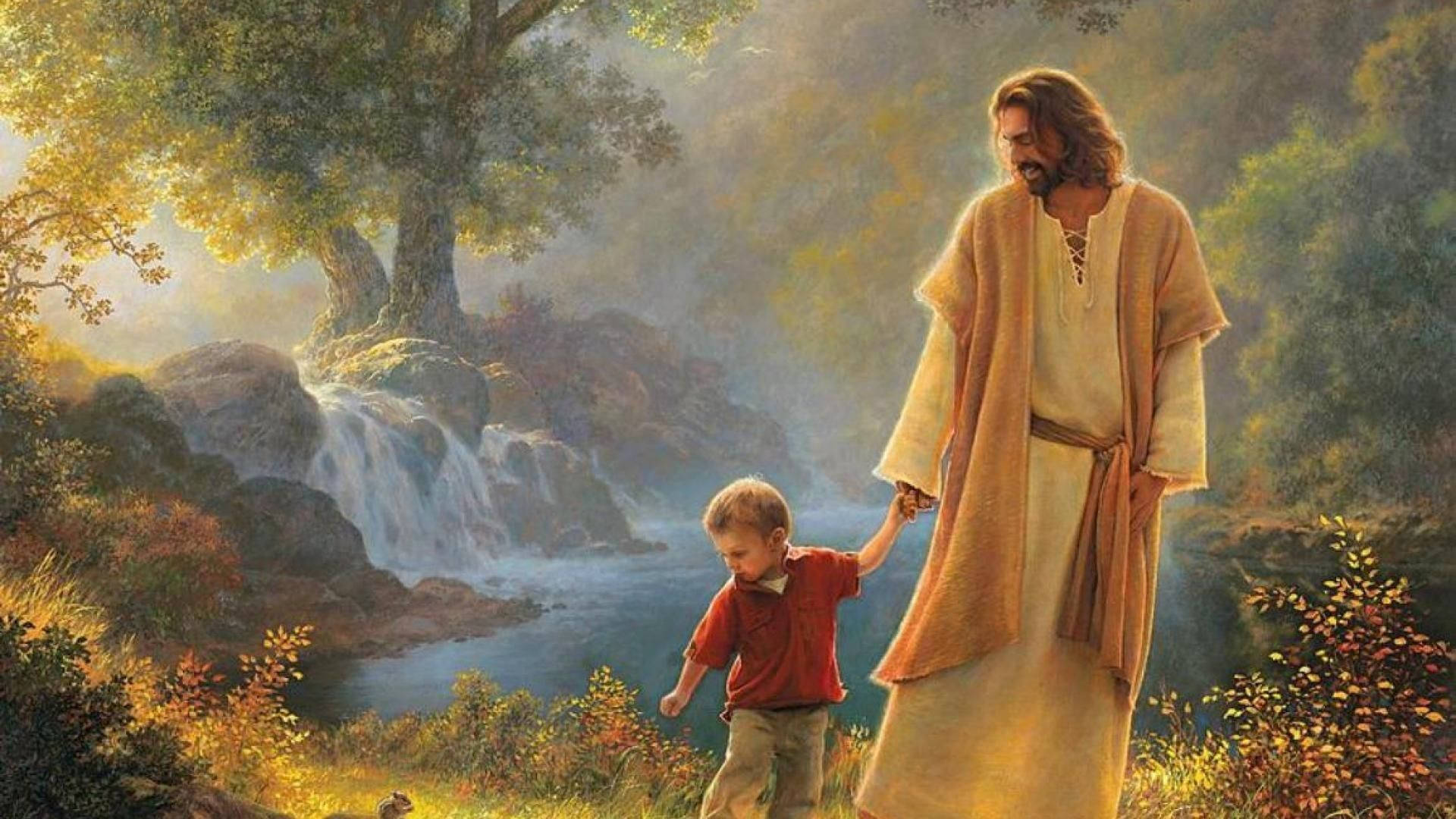 Boy Child Beside Jesus Christ Background