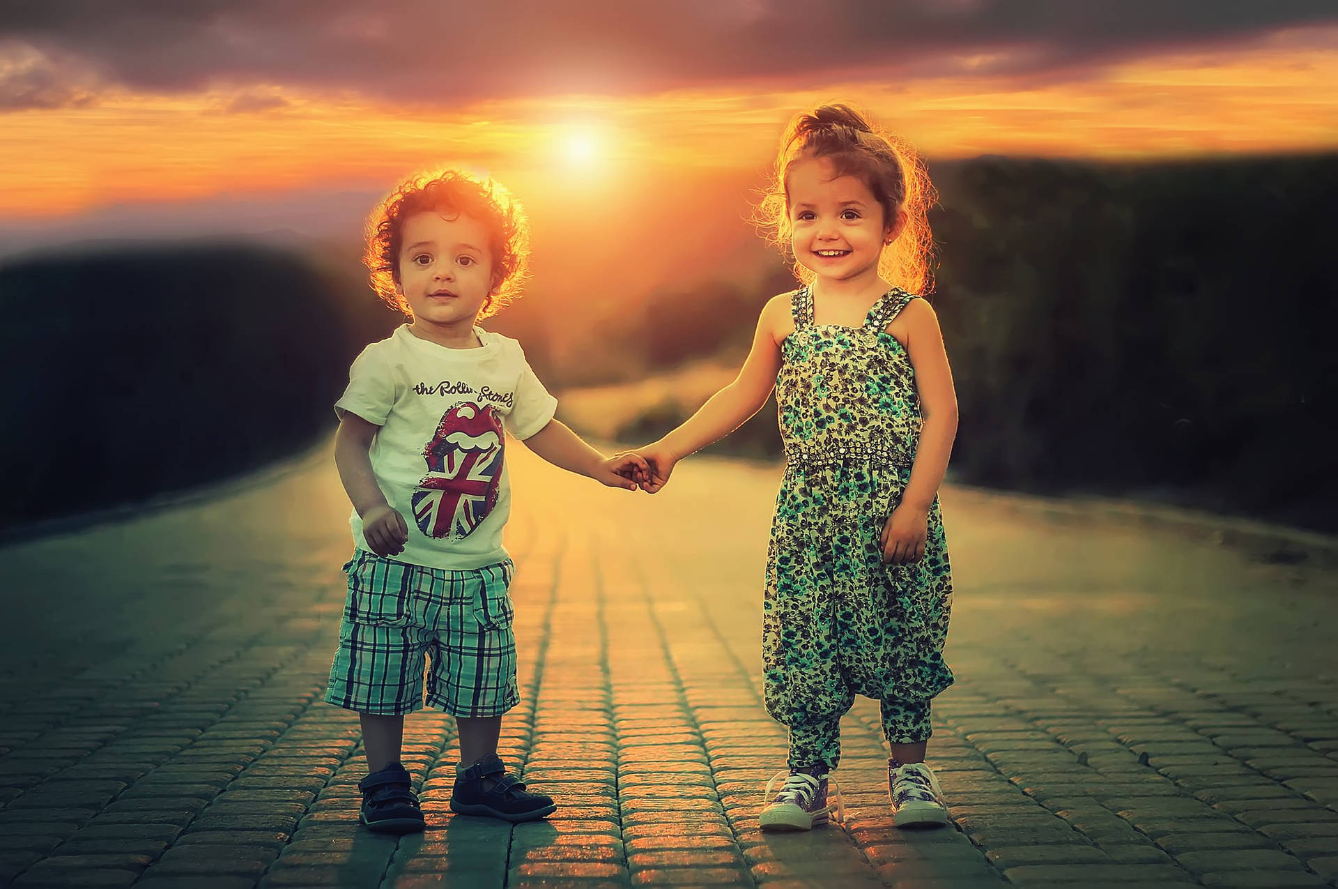 Boy Holds Hand Sister Background