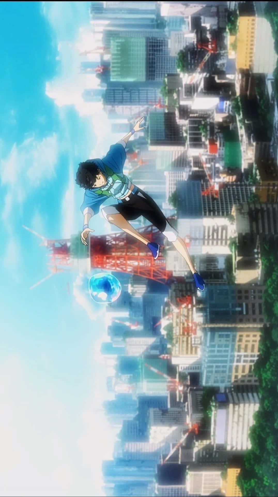 Boy Jumping In The City With Bubble Anime Portrait Background