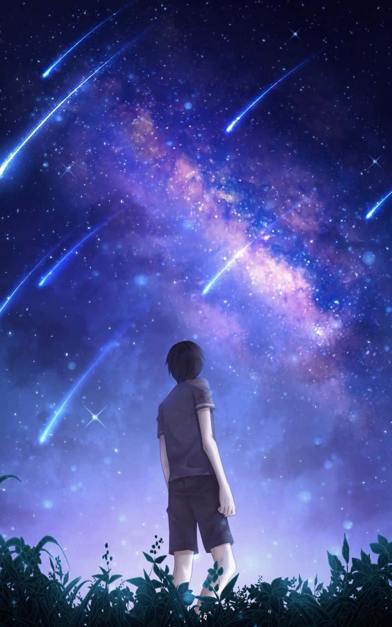Boy Looking Up At Night Anime Sky Background