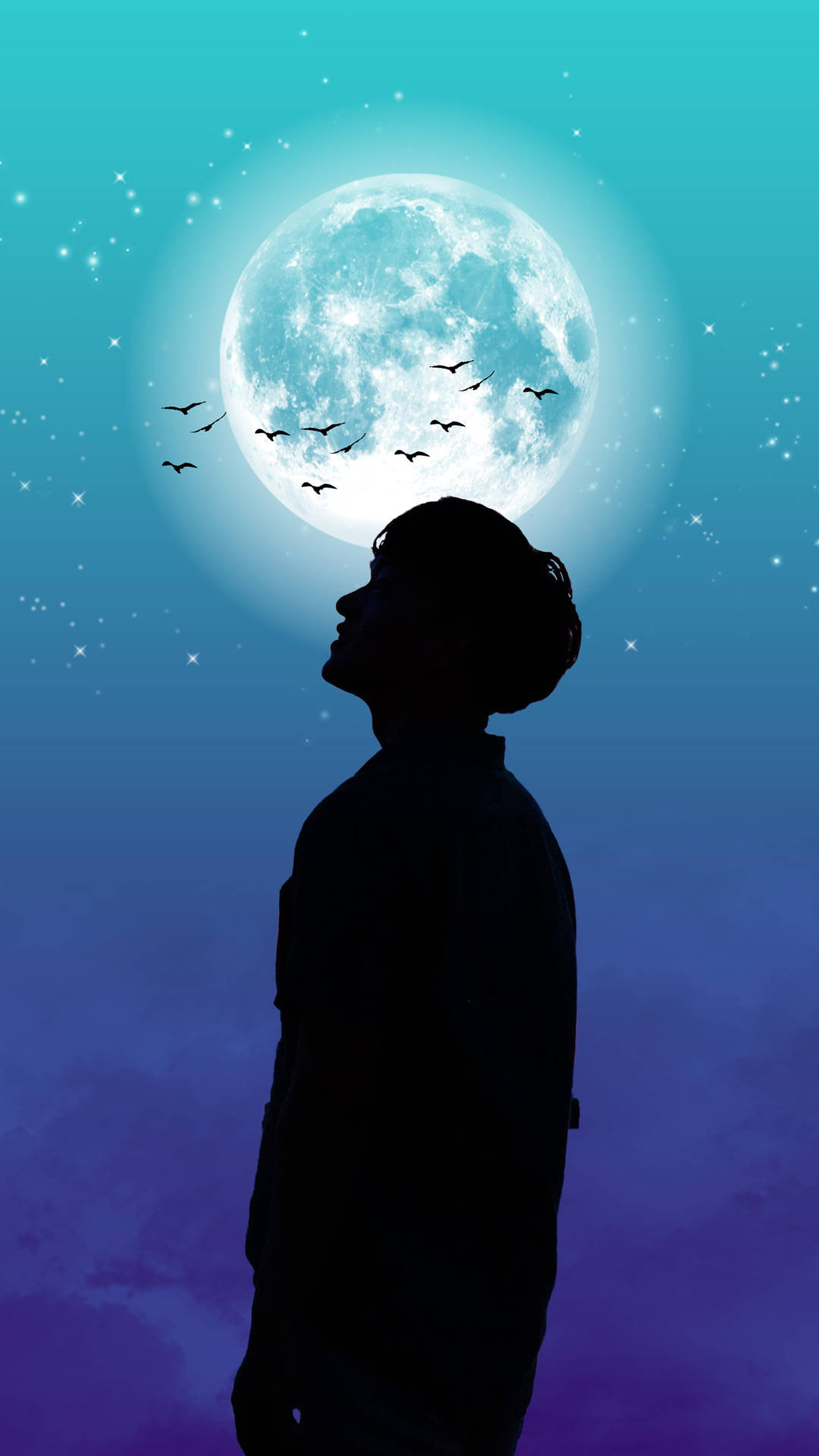 Boy Shadow Glowing Moon Background