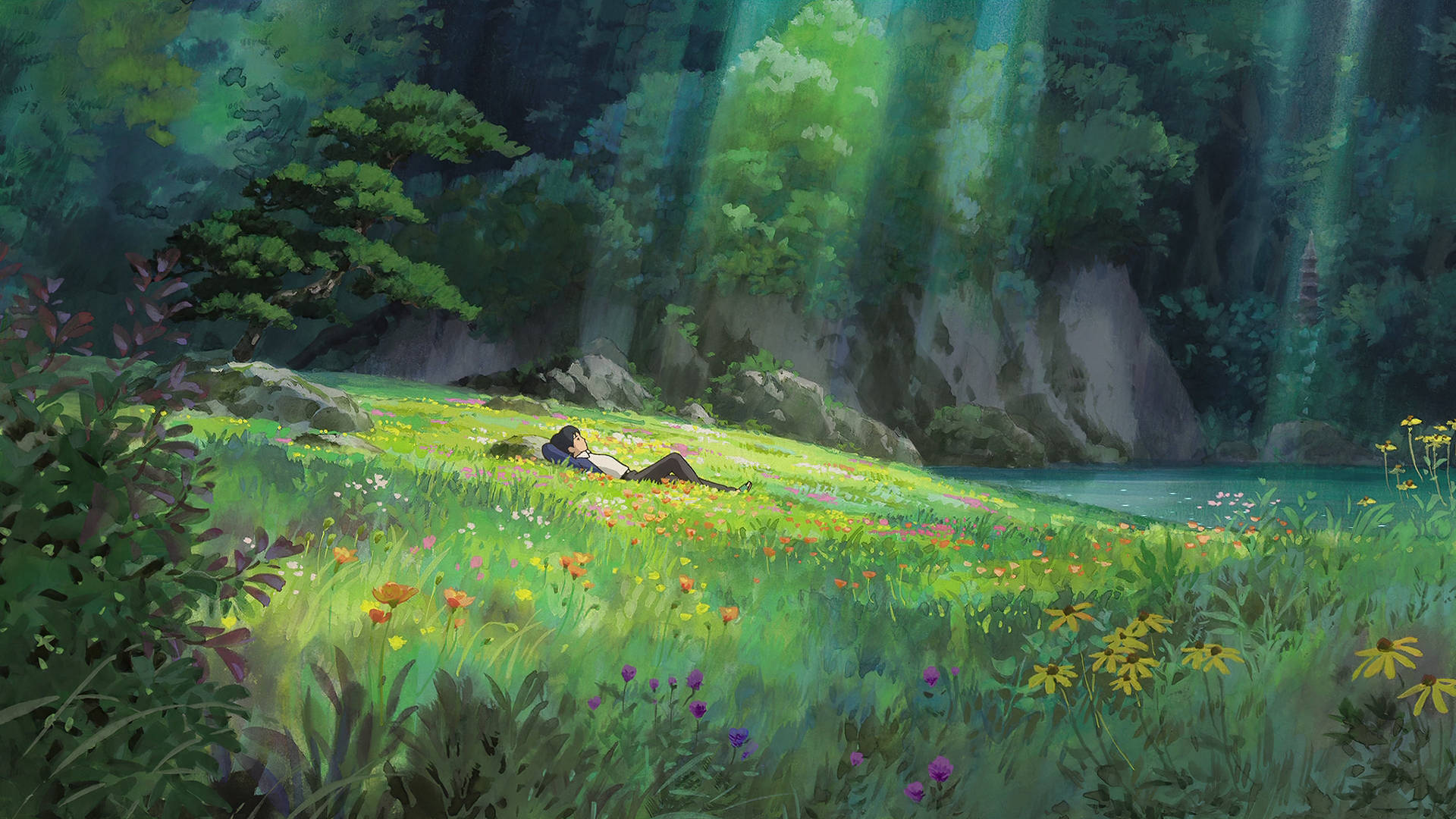 Boy Sleeping In Studio Ghibli Scenery Background