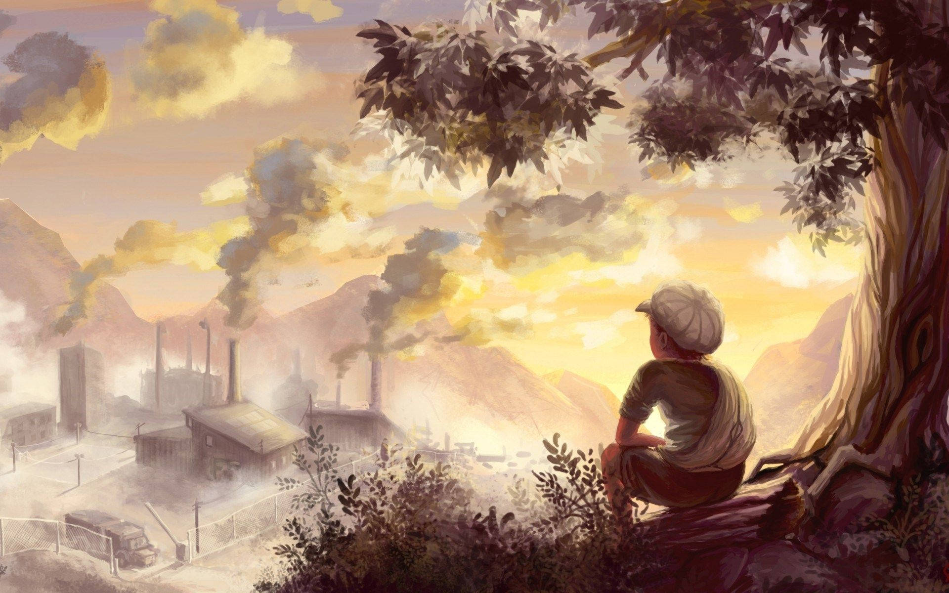 Boy Under A Tree Drawing Background