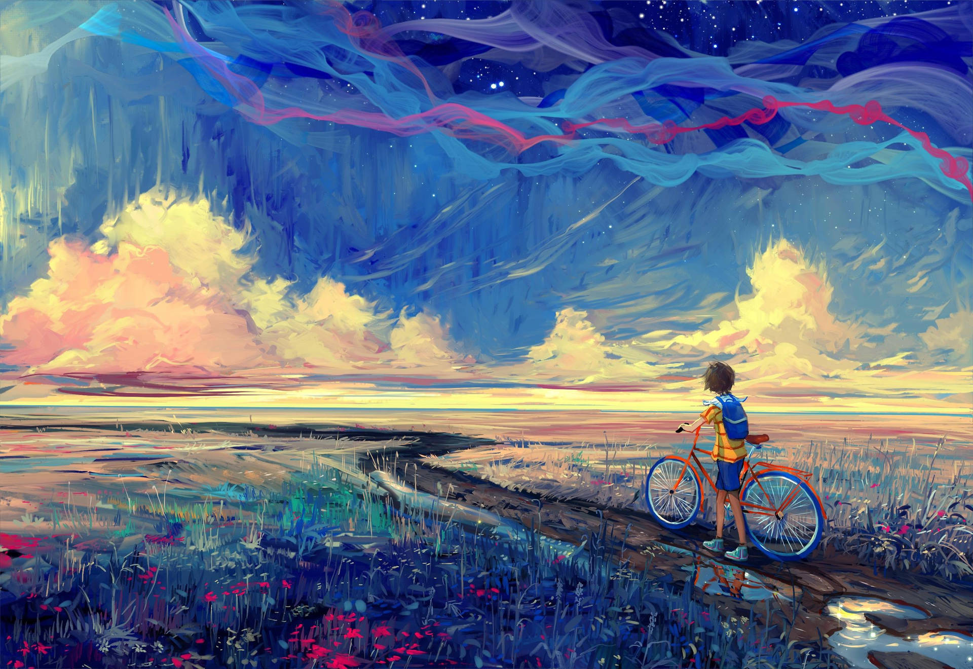 Boy With Bicycle Digital Paint Drawing Background