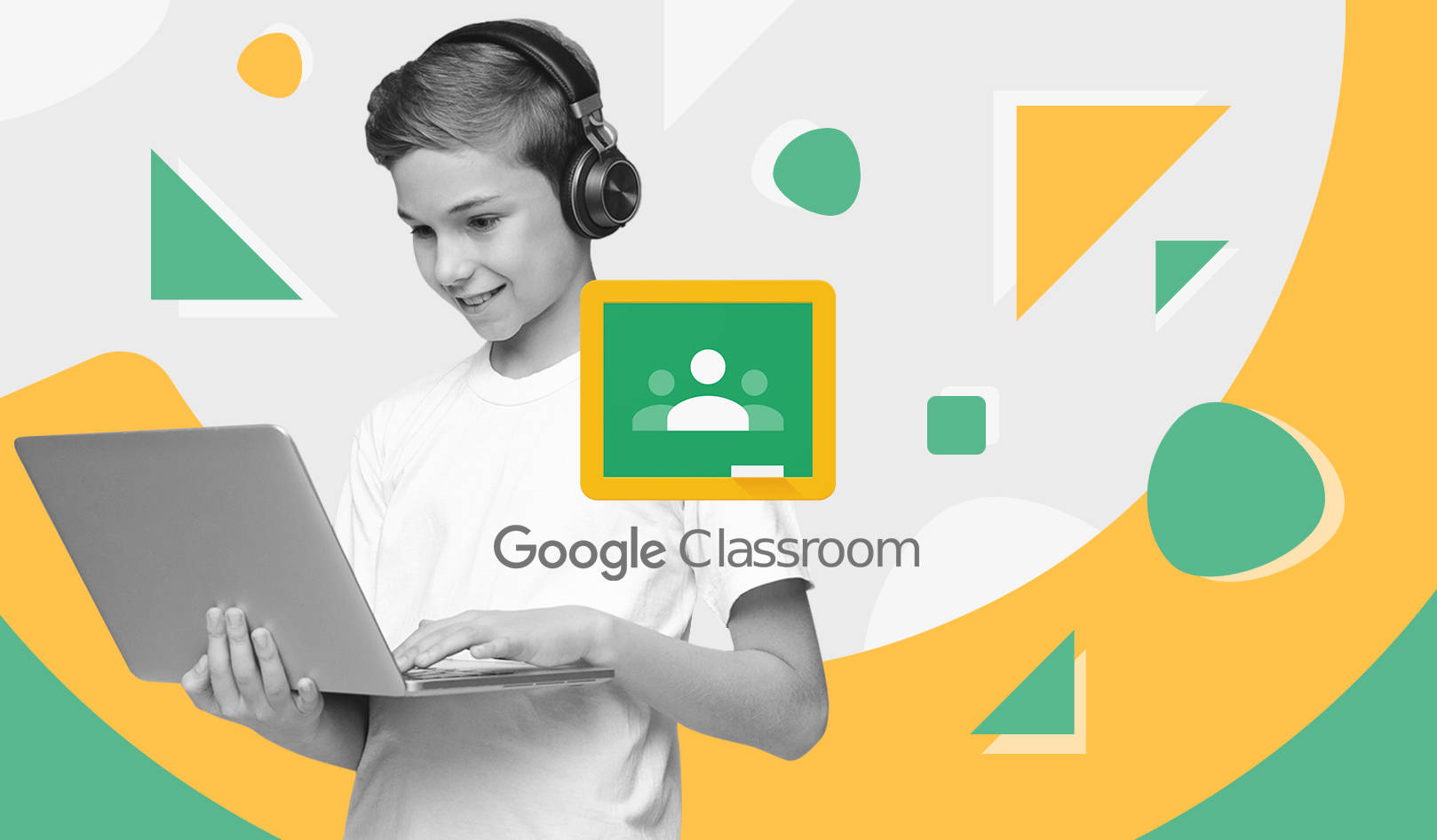 Boy With Laptop And Google Classroom Logo Background