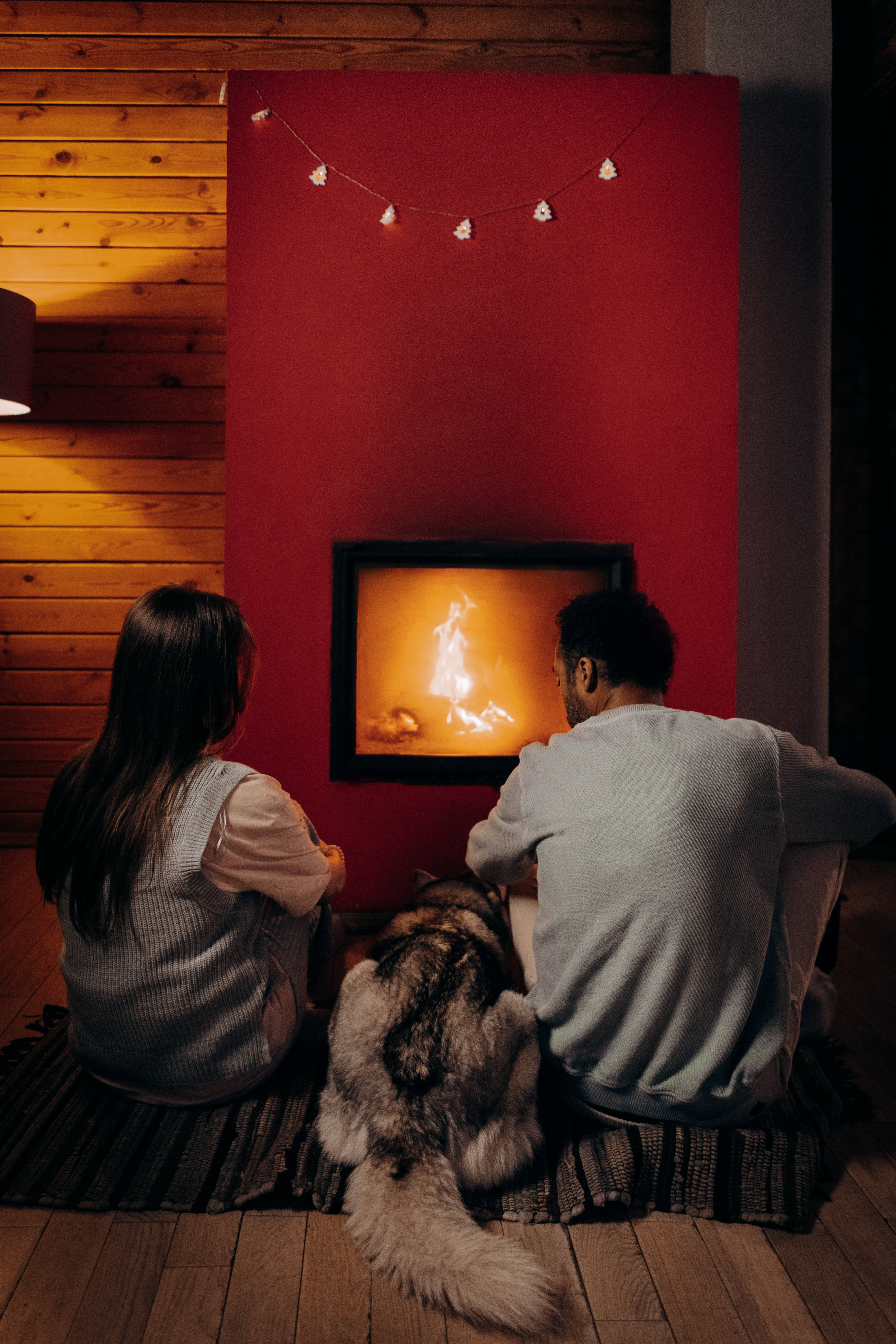 Boyfriend And Girlfriend And Dog Near Fireplace Background