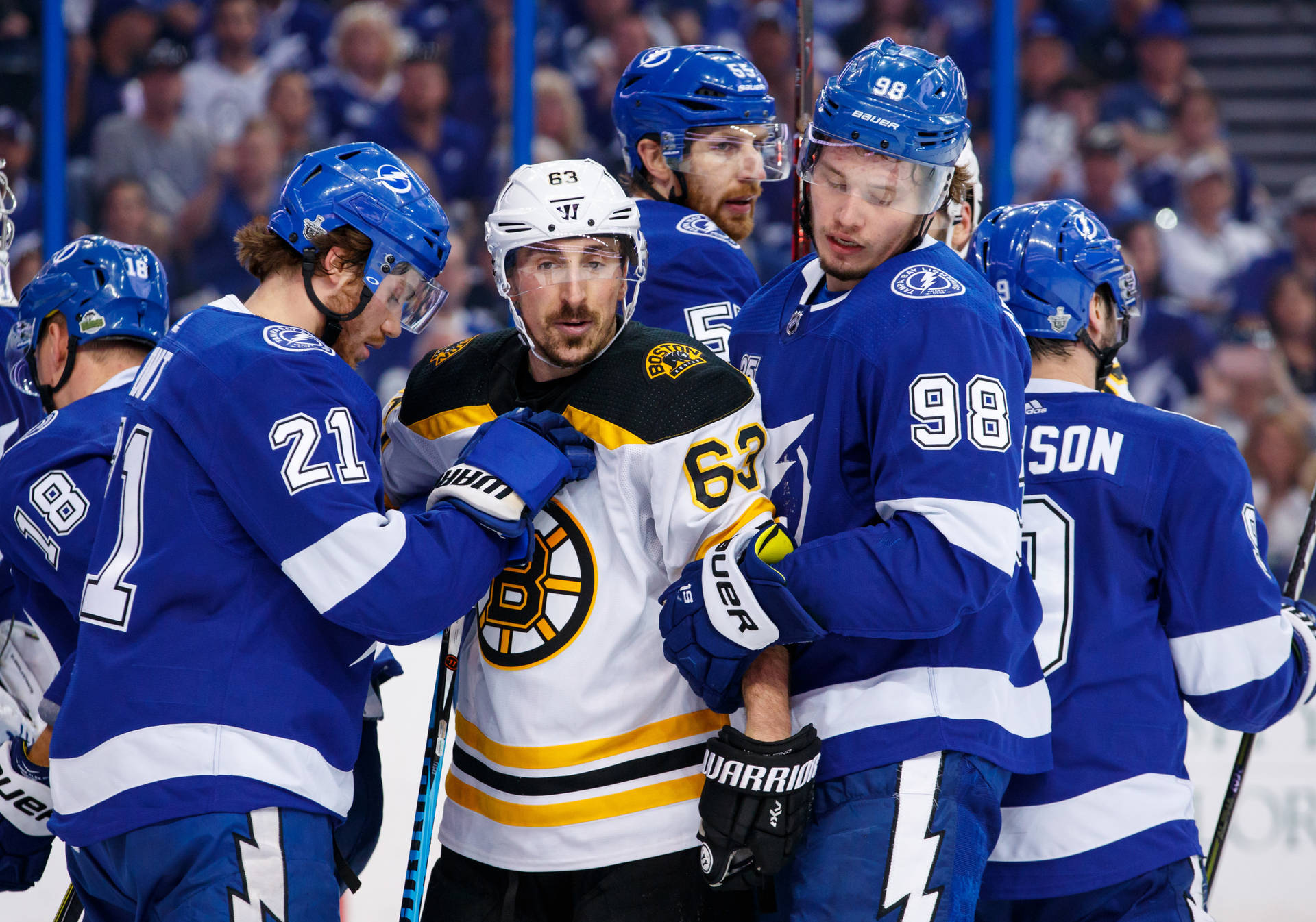 Brad Marchand Against The Tampa Bay Lightning Background
