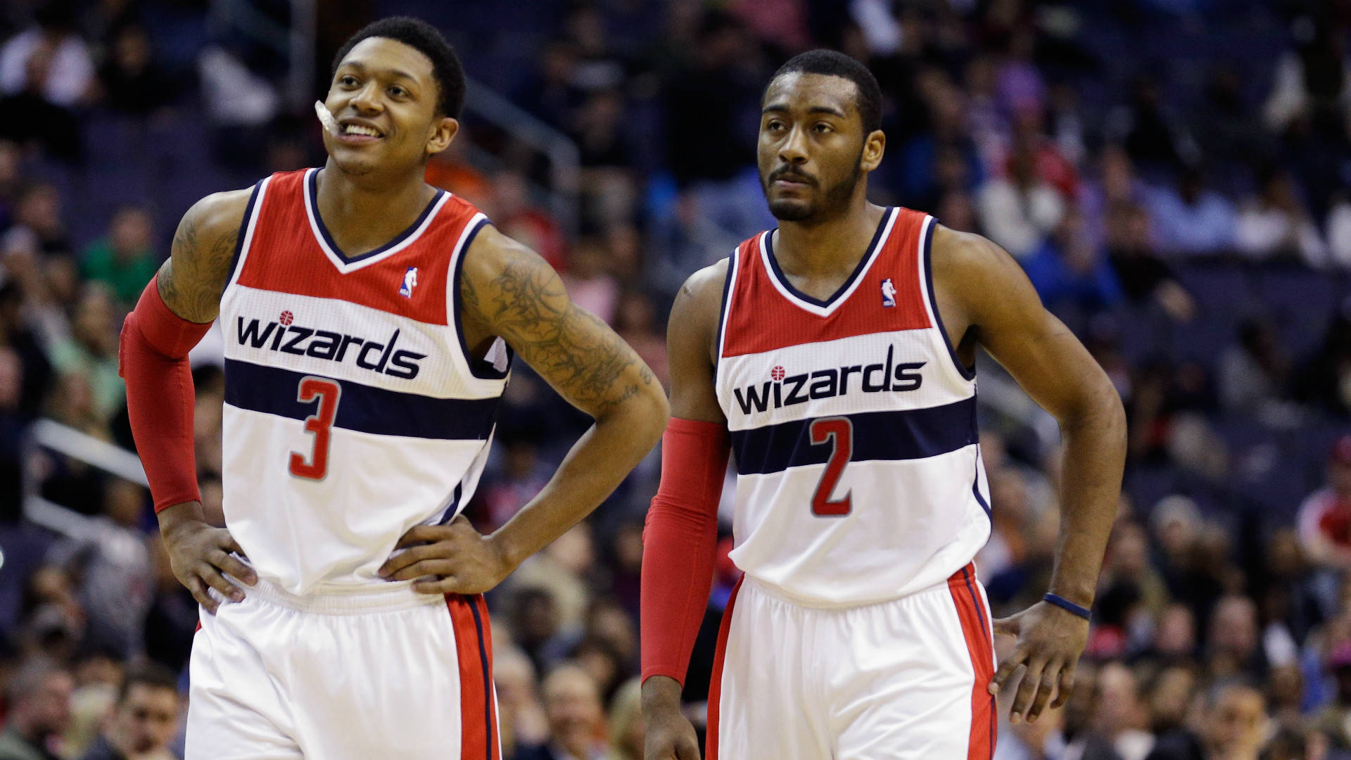 Bradley Beal With Teammate John Wall Background
