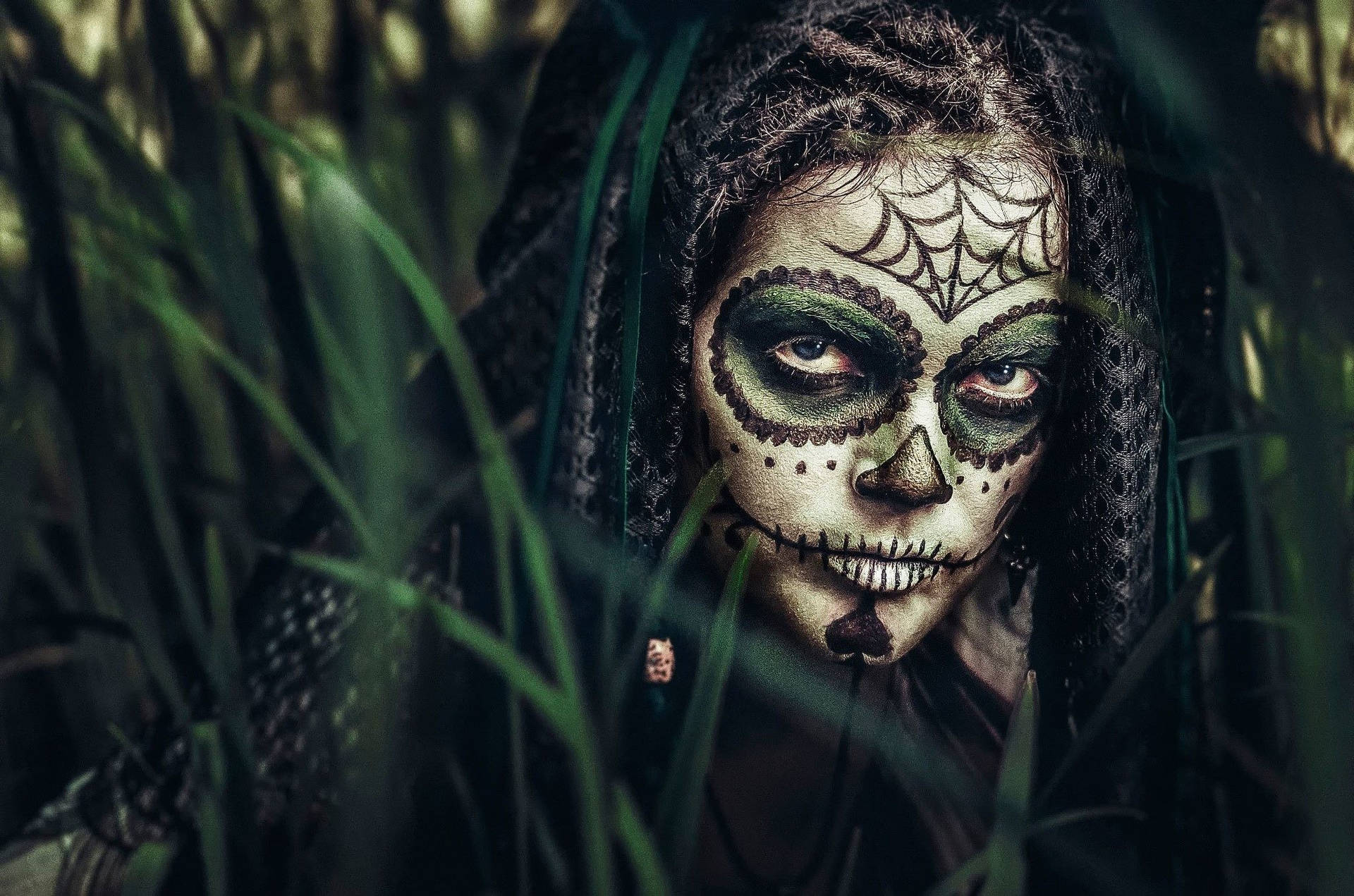 Braided Woman With Sugar Skull Background