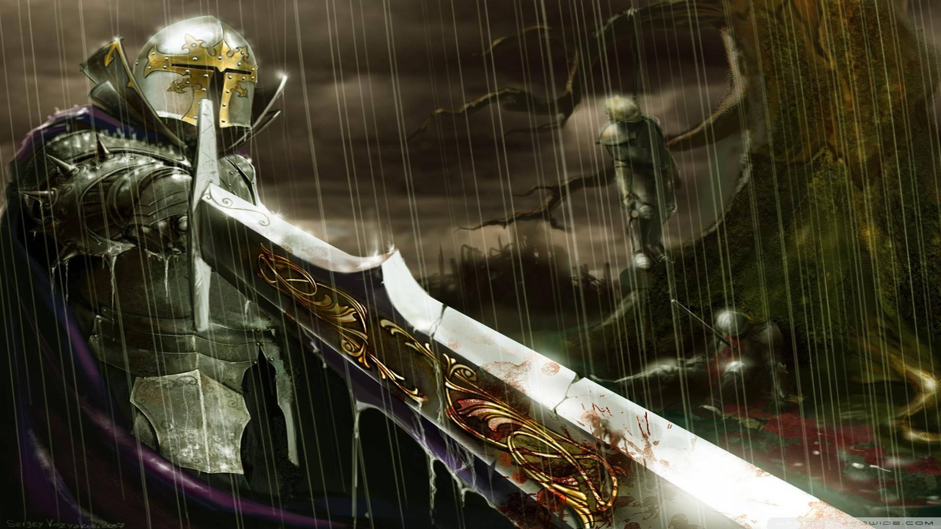 Brave Knight Holds Sword In Hand, Standing Before A Stormy Sky. Background