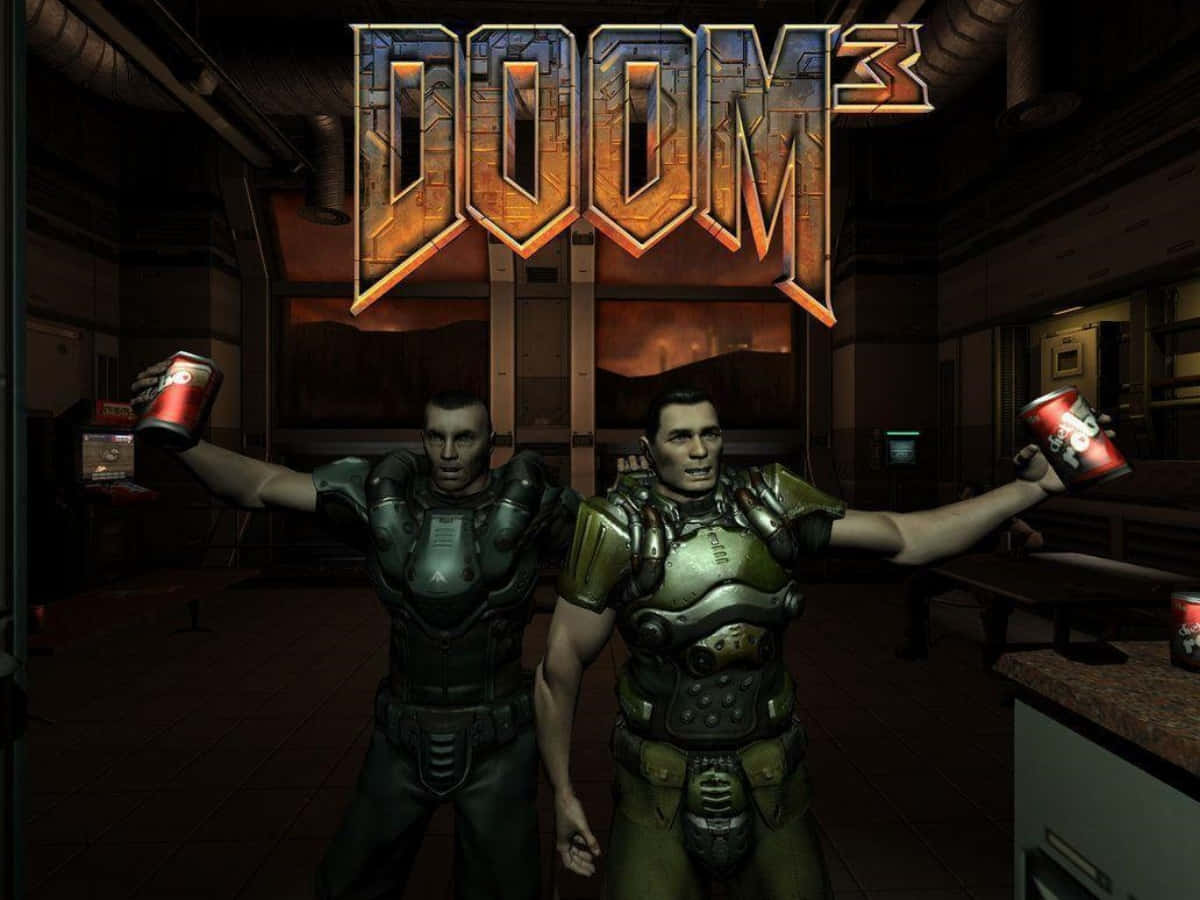 Brave Marine Battling Evil Demon In Doom 3 Background