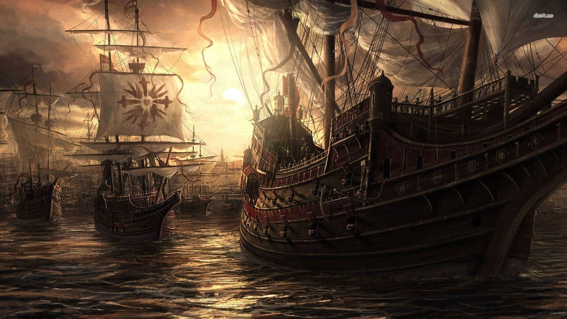 Brave Pirates Aboard A War Ship On A High-seas Adventure Background
