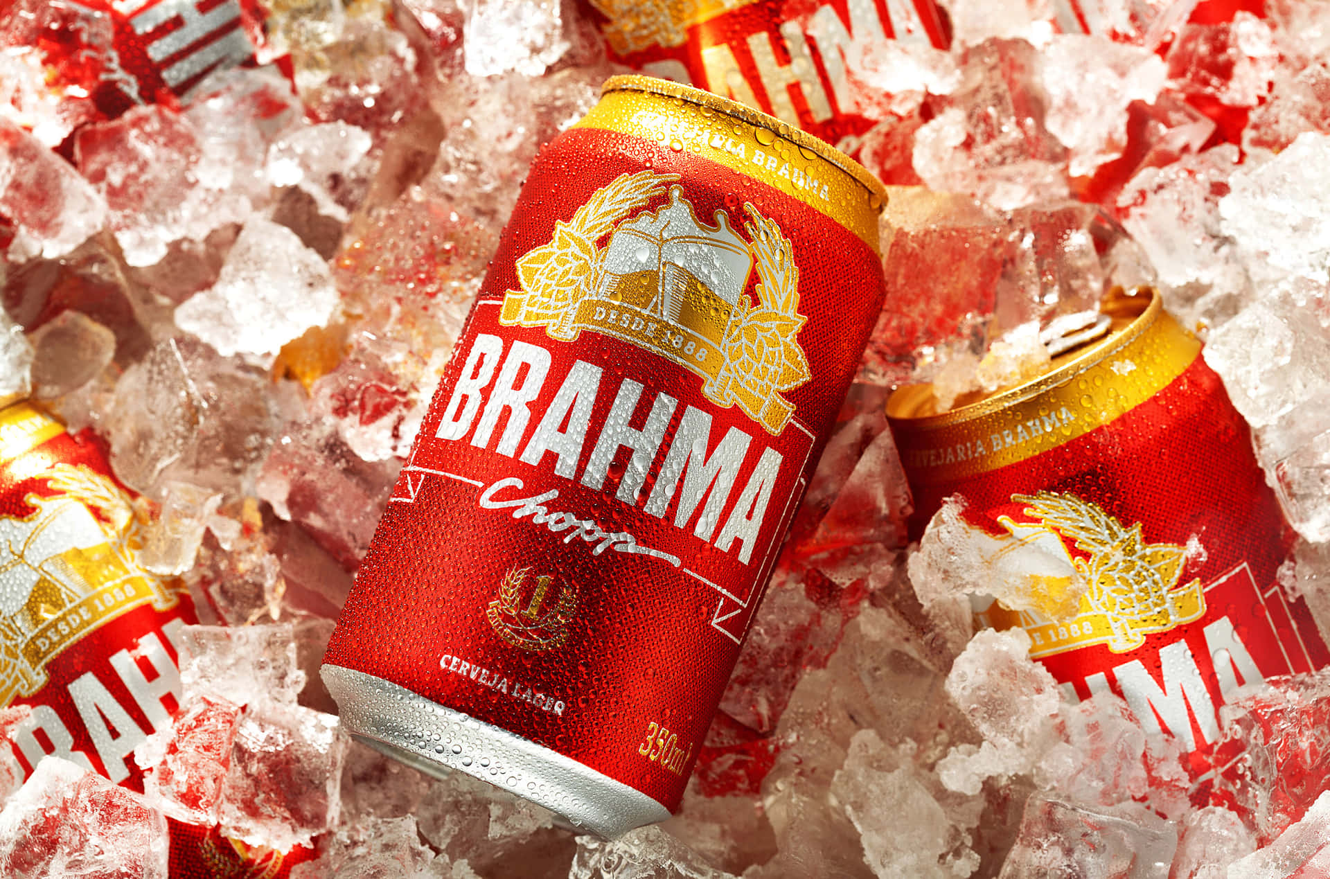 Brazilian Brahma Beer Cans On Ice Cubes Background