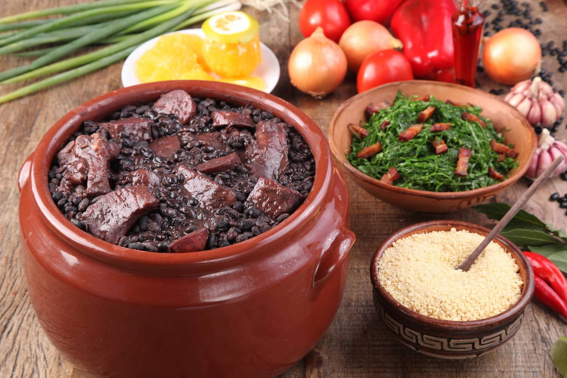 Brazilian Feijoada In A Clay Pot Background