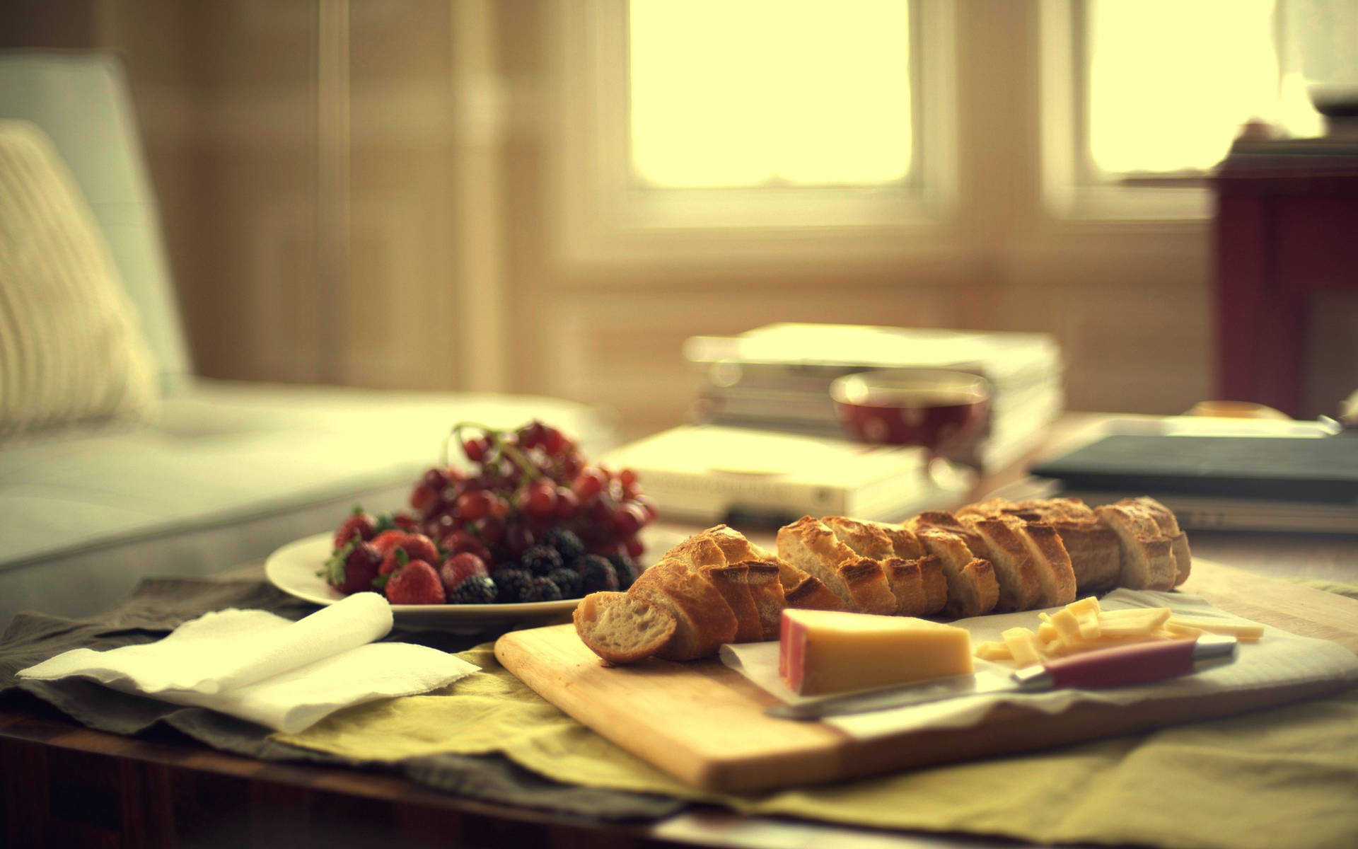 Bread Cheese And Fruits For Lunch Background