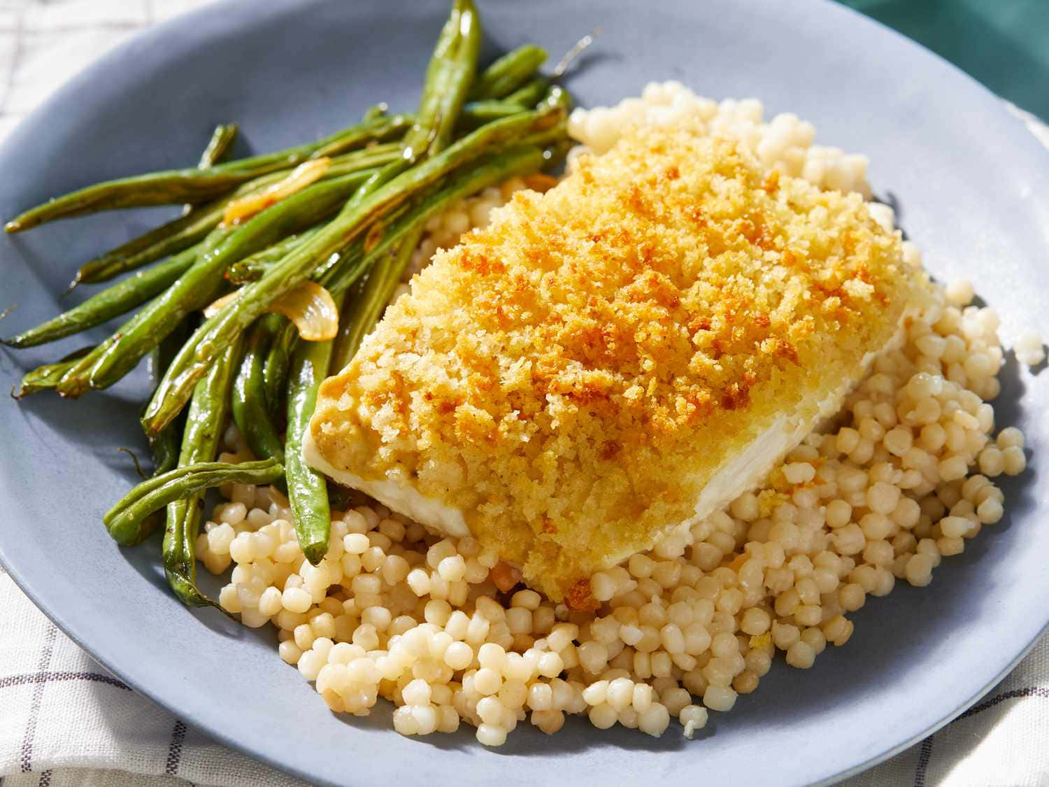 Breaded Halibutwith Green Beansand Couscous