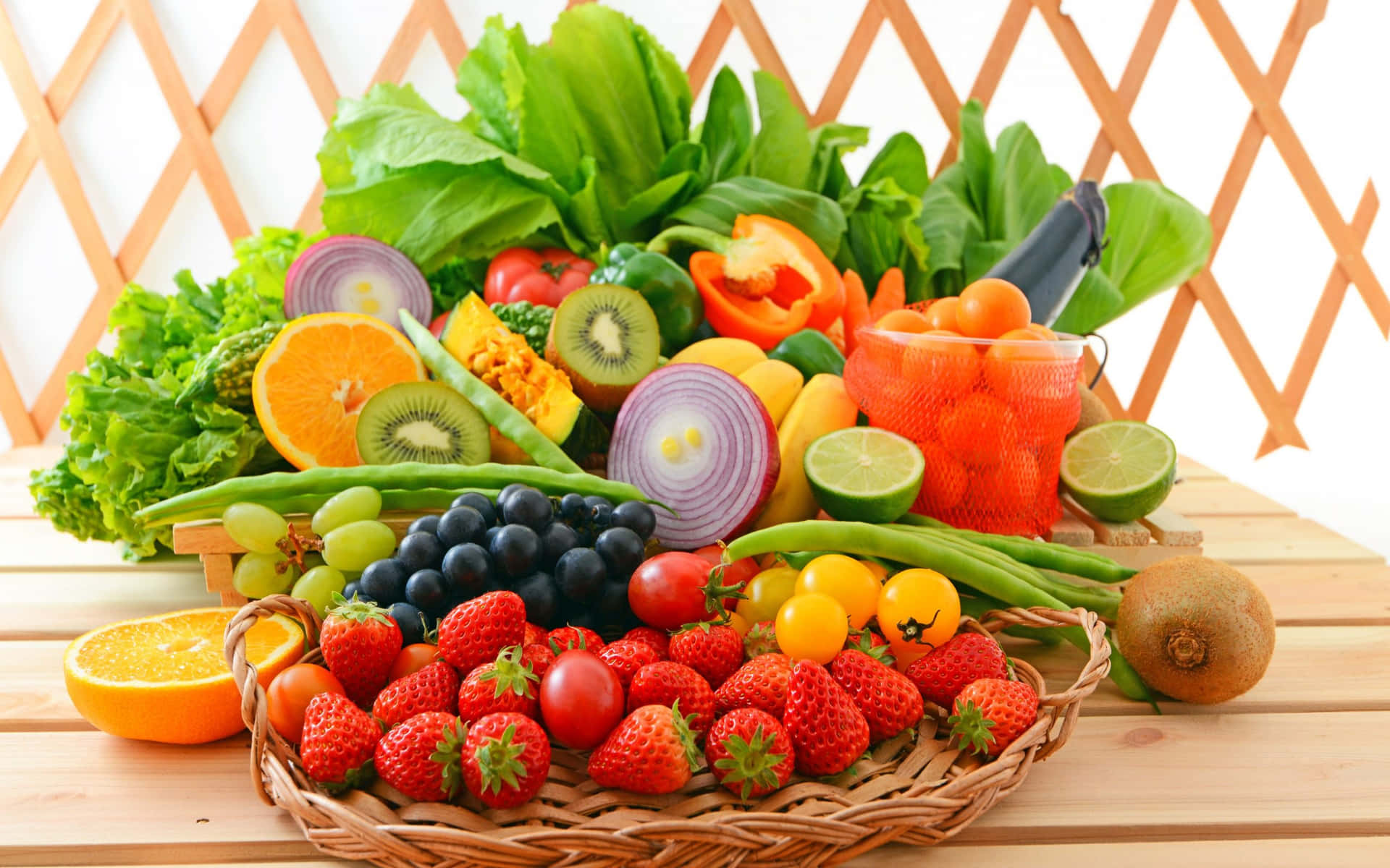 Breakfast Fruits And Vegetables Wood Plank Background